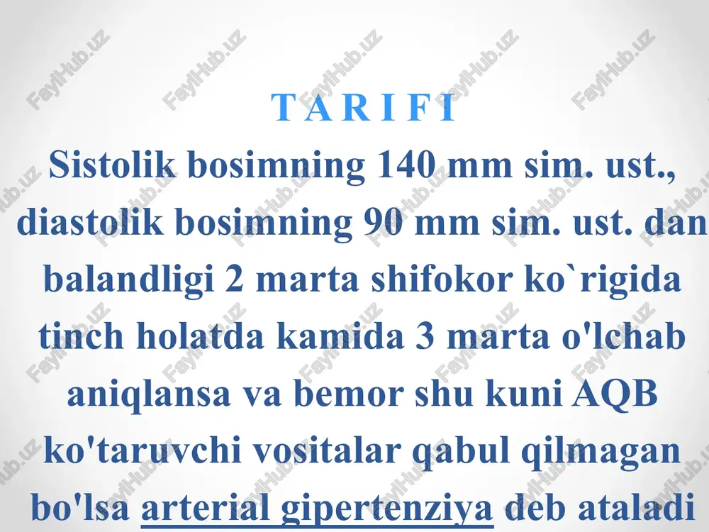 ge is a risk factor? ag ning o’zbekiston respublikasi bo’yicha tarqalganligi prof. r.d. qurbonov ma`lumotlariga ko’ra 2007 yilda - mehnatga layoqatli aholining 15-44% - keksalik yoshidagi aholining 60,7-65,8% «gipertoniya kasalligi» nima? gk - surunkali kechuvchi patologik jarayon bo‘lib, uning asosiy klinik belgisi arterial gipertenziyaga (ag) olib keluvchi boshqa ichki a’zolar kasalliklari bilan bog‘liq bo‘lmagan holda qon bosimini ko‘tarilishi hisoblanadi va nishon a`zolarining zararlanishi bilan kechadi. ‹#› the ultimate goal in treating hypertension is to make patients to live longer and feel better. this is achieved by controlling blood pressure and preventing complications. the choice of antihypertensive agent plays a major role in achieving this goal of therapy and must offer convenience for physician and patient, consistent efficacy, whilst maintaining a good quality of life for the patient. xavf omillari 1. nasliy moyillik 2. gipodinamiya 3. semizlik 4. osh tuzini ortiqcha istemol qilish 5. kaltsiy va magniy yetishmasligi 6. alkogol iste’mol …