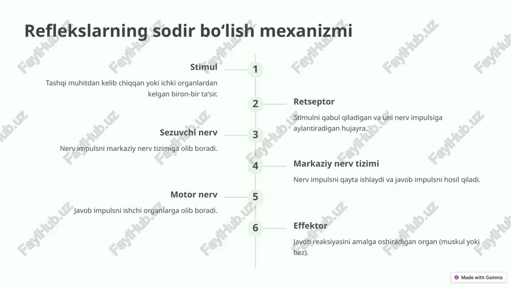 holashda patologik holatlarni aniqlashda nerv tizimining shikastlanishi, kasalliklari yoki nuqsonlarini aniqlashda davo samaradorligini baholashda davo jarayoni davomida nerv tizimining holatini kuzatishda 6 sezuvchi yoʻllarning patologiyalari nevrologiya nerv tizimining kasalliklari. travmalar nerv tizimining shikastlanishi. toʻqima oʻsmalari nerv tizimida oʻsma paydo boʻlishi. yiringli yalligʻlanish nerv tizimining yalligʻlanishi. 7 diagnostika va davolash usullari elektroensefalografiya (eeg) miya elektr faoliyatini tekshirish. magnit-rezonans tomografiya (mri) nerv tizimining tuzilishini batafsil tekshirish. nerv toʻqimalarining biopsiyasi nerv toʻqimalarini mikroskop ostida tekshirish. dori-darmonlar yalligʻlanishga qarshi, ogʻriq qoldiruvchi va boshqa dori-darmonlar. 8 image-1002-1.png image-1-1.png image-1003-1.png image-1004-1.png image-1005-1.png image-4-1.png image-1006-1.png image-5-1.png image-1007-1.png image-6-1.png image-1008-1.png image-7-1.png image-7-2.png image-7-3.png image-7-4.png image-7-5.png image-1009-1.png image-8-1.png image-8-2.png image-8-3.png image-8-4.png image-8-5.png