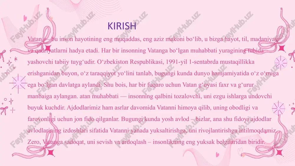 bilan ado etishi kerak.. muammo vaziyat bugungi o‘zbekiston yoshlarining 60 foizdan ortig‘ini tashkil etadi, bu esa mamlakat kelajagi aynan ularning qo‘lida ekanini ko‘rsatadi. shu sababli yoshlarning vatanga munosabati jamiyat taraqqiyotini belgilovchi asosiy omil sanaladi. so‘nggi yillarda hukumat tomonidan “yoshlar – kelajagimiz”, “vatanparvar”, va “yoshlar daftari” dasturlari yo‘lga qo‘yildi. bu loyihalar yoshlarni mehnatsevarlik, halollik, va vatanga sadoqat ruhida tarbiyalashga xizmat qilmoqda. vaziyat maktab, kollej va oliygohlarda o‘tkazilayotgan vatanparvarlik tadbirlari, bayramlar va tanlovlar yoshlarning milliy g‘ururini oshirib, ularni mas’uliyatli fuqarolikka yetaklamoqda. biroq shunga qaramay, ayrim yoshlar orasida loqaydlik, chet elga ko‘r-ko‘rona intilish, va milliy qadriyatlarni yetarli qadrlamaslik holatlari hamon uchrab turibdi. bu esa vatanga bo‘lgan mas’uliyatni kuchaytirish zarurligini ko‘rsatadi. so‘nggi yillarda hukumat tomonidan “yoshlar – kelajagimiz” (2017-yildan), “vatanparvar”, “yoshlar daftari”, va “yoshlar ittifoqi” kabi dasturlar joriy etildi. faqatgina “yoshlar – kelajagimiz” dasturi doirasida 150 mingdan ortiq yoshlar o‘z biznes g‘oyalarini amalga oshirish uchun imtiyozli kreditlar olgan. 2023-yilda o‘tkazilgan ijtimoiy so‘rov natijalariga ko‘ra, …