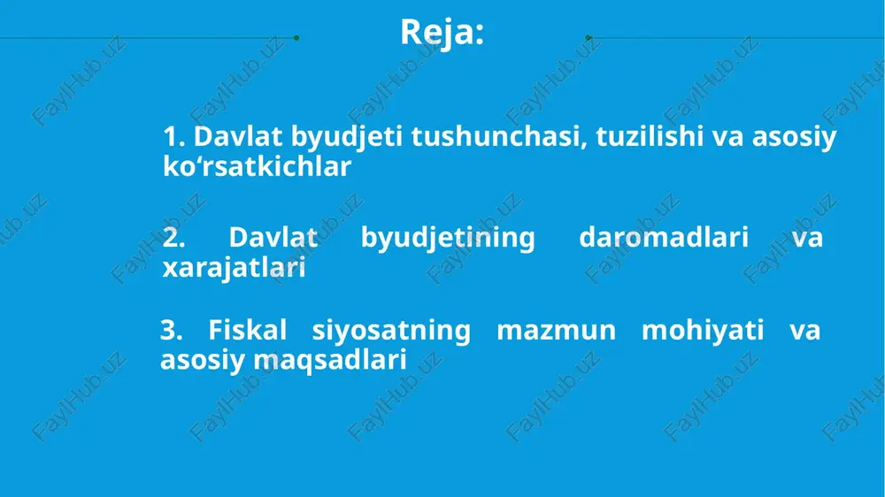 r, bojlar va boshqa majburiy to‘lovlar; 2) davlatning moliyaviy va boshqa aktivlarini joylashtirilishi, foydalanishga berilishi va sotilishidan olingan daromadlar; 3) qonun hujjatlariga muvofiq meros olish, hadya etish huquqi bo‘yicha davlat mulkiga o‘tgan pul mablag‘lari; 4) yuridik va jismoniy shaxslardan, shuningdek chet el davlatlaridan kelgan qaytarilmaydigan pul tushumlari; 5) rezident-yuridik shaxslarga va chet el davlatlariga berilgan budjet ssudalarini qaytarish hisobiga tushadigan to‘lovlar; 6) qonun hujjatlarida taqiqlanmagan boshqa daromadlar hisobiga shakllantiriladi. 7 slayd 4 s analizom proekta davlat budjeti daromadlari: davlat byudjeti daromadlari 2024-yil yakuni bilan 274 422,7 mlrd so‘mni tashkil qildi. 8 slayd 4 s analizom proekta davlatning o‘z funksiyalari va vazifalarini bajarishi bilan bog‘liq ravishda vujudga kelgan chiqimlar byudjet xarajatlari deyiladi. bu chiqimlar davlatning markazlashtirilgan pul fondlari mablag‘larini turli yo‘nalishlar bo‘yicha foydalanish jarayonida vujudga keladigan iqtisodiy munosabatlarni ifodalaydi. iqtisodiy mazmuniga ko‘ra byudjet xarajatlari kapital va joriy xarajatlarga bo‘linadi. bu xarajatlar kengaytirilgan takror ishlab chiqarish jarayoniga ularning qanday ta’sir ko‘rsatishi mumkinligini …