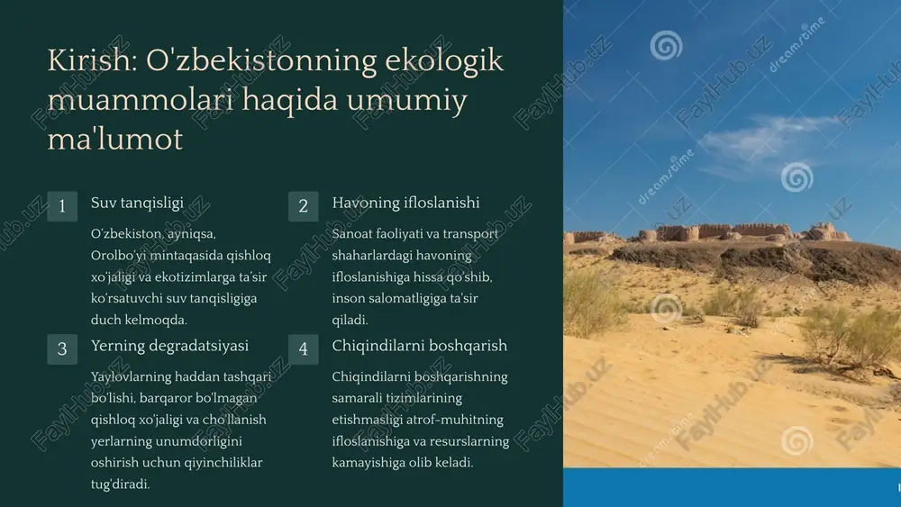 qilish tashabbuslari. 4 qayta tiklanadigan energiya manbalarini rivojlantirish: quyosh va shamol energiyasidan foydalanish 1 quyosh energiyasiga investitsiyalar o‘zbekistonda yirik quyosh elektr stansiyalari qurilib, toza energiya ishlab chiqarish ko‘paydi. 2 shamol quvvati potentsiali o'zbekiston shamol energetikasi salohiyatiga ega, xususan, cho'l hududlarida yanada rivojlanish imkoniyatlarini taqdim etadi. 3 yashil energiya tarmog'i qayta tiklanadigan energiya manbalarini ulash va energiya taqsimotini yaxshilash uchun elektr tarmoqlarini kengaytirish. 5 suvni tejash va barqaror qishloq xo'jaligi amaliyotlari tomchilatib sug'orish tizimlari suv isrofgarchiligini kamaytirish va suvdan foydalanish samaradorligini optimallashtirish uchun tomchilatib sug'orish usullarini joriy etish. suvni tejaydigan texnologiyalar qishloq xo‘jaligida suvni tejaydigan ilg‘or texnologiyalarni, masalan, nozik sug‘orishni joriy etishga ko‘maklashish. barqaror almashlab ekish tuproq salomatligini yaxshilash va suvga bo'lgan talabni kamaytirish uchun almashlab ekish amaliyotini rag'batlantirish. 6 chiqindilarni boshqarish va aylanma iqtisodiyot modeli chiqindilarni kamaytirish ta'lim, xabardorlik kampaniyalari va mahsulot dizayni orqali chiqindilarni kamaytirishni rag'batlantirish. chiqindilarni ajratish qayta ishlash va kompostlashni osonlashtirish uchun chiqindilarni manbada ajratishni amalga oshirish. …