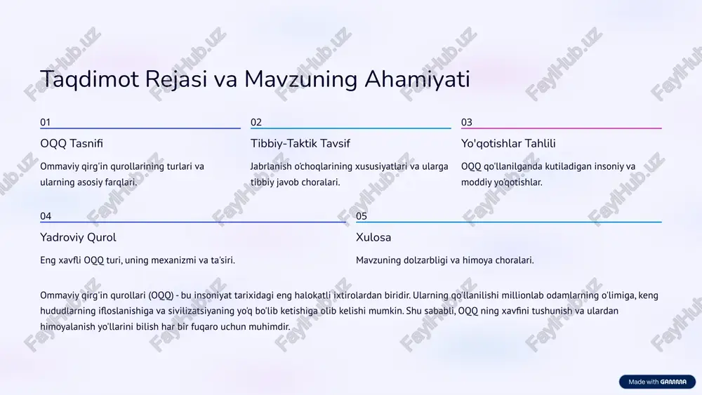 adi. 3 jabrlanish o'chog'ining tibbiy-taktik tavsifi jabrlanish o'chog'i – bu ommaviy qirg'in quroli qo'llanilgan hudud bo'lib, u yerda odamlar jarohatlanadi, o'ladi va moddiy resurslar vayron bo'ladi. har bir oqq turi o'ziga xos tibbiy-taktik vaziyatni keltirib chiqaradi. yadroviy jabrlanish o'chog'i keng miqyosli vayronagarchilik, massiv kuyishlar, jarohatlar va radiatsion kasalliklar. tez tibbiy yordam ko'rsatish va evakuatsiya qilish zarur. kimyoviy jabrlanish o'chog'i zaharli moddalarning teriga, nafas yo'llariga va ovqat hazm qilish tizimiga ta'siri. maxsus antidotlar va zararsizlantirish choralari talab etiladi. biologik jabrlanish o'chog'i kassalliklar tarqalishi, epidemiyalar xavfi. karantin, emlash va antibiotiklar orqali davolash muhim. jabrlanish o'chog'ining hajmi va turi qurolning turiga, quvvatiga va qo'llanish usuliga bog'liq. favqulodda vaziyatlarda tibbiy xizmatlarning tezkor va samarali harakatlari qurbonlar sonini kamaytirishda hal qiluvchi ahamiyatga ega. 4 ommaviy qirg'in qurollari keltiradigan yo'qotishlar ommaviy qirg'in qurollarining qo'llanilishi juda katta miqyosdagi yo'qotishlarga olib keladi. bu yo'qotishlar faqatgina insoniy qurbonliklar bilan cheklanmay, balki moddiy, ekologik va ijtimoiy sohalarga ham jiddiy zarar …