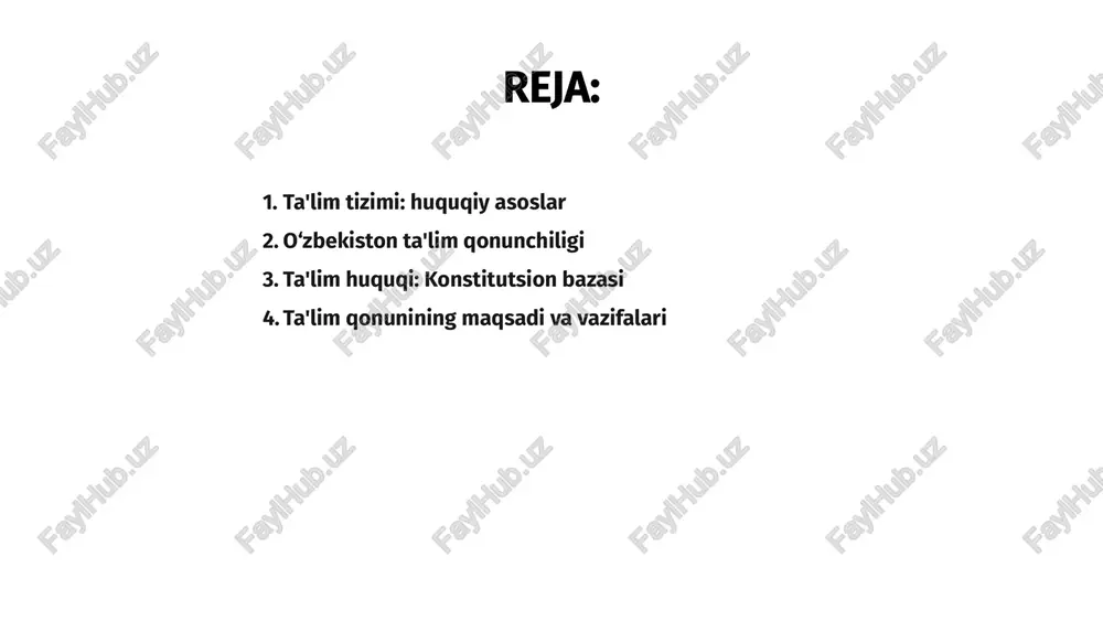 ta'lim sifatini yuksaltirish, imkoniyatlarni kengaytirish va jamiyatga mos kadrlar tayyorlashga qaratilgan. 1 ta'lim tizimining asosiy vazifalari o'quvchilar ehtiyojlarini qondirish, malakali bilimlar berish va xalqaro tajribaga mos ilg'or usullarni joriy etishni ko'zlaydi. 3 mazkur qonun ta'limni demokratlashtirish, teng imkoniyatlarni yaratish va o'qish jarayonida modernizatsiyani amalga oshirish orqali barqaror rivojlanish maqsadlariga xizmat qiladi. 2 1.7.2013 ‹#› davlat ta'lim standartlari huquqiy me'yori a ta'lim tizimning huquqiy-me'yoriy asoslari sifatida davlat ta'lim standartlari asosida muayyan talablar belgilanadi. ushbu talablar sifatni ta'minlashga qaratilgan muhim ko'rsatmalardir. b davlat ta'lim standartlari har bir ta'lim darajasi uchun maxsus ishlab chiqilib, malaka oshirish va bilimlarni mustahkamlash bo'yicha talablarni belgilaydi hamda nazorat qiladi. c ushbu standartlar ta'lim sifati, samaradorligi va kasbiy tayyorgarlik talablariga javob beradigan global tajribalar bilan uyg'unlashishga xizmat qiladi, bu esa ta'limni yuksaltiradi. 1.7.2013 ‹#› ta'lim tizimining huquqiy asoslari davlat va jamiyat rivojlanishini ta'minlovchi maxsus qonunchilik hujjatlari orqali belgilangan. bu hujjatlar ta'lim sohasidagi umumiy tartiblarni o'rnatadi. ta'lim tizimini boshqarish …