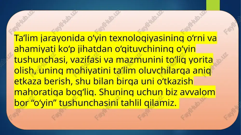 foydalanish mumkin bo‘lgan o‘yinlarni turlicha nomlanmoqda. masalan, “pedagogik o‘yinlar”, “o‘yinli pedagogik texnologiyalar”, “didaktik o‘yinlar”, “ta’limiy o‘yinlar”, “tarbiyaviy o‘yinlar” va hakozo amaliy psixologiyada o‘yindan foydalanish — bu inson psixikasini, xulq-atvorini va hissiy holatini o‘rganish, shuningdek, ijobiy o‘zgarishlarni shakllantirishning samarali vositalaridan biridir. o‘yin faoliyati shaxsning ijtimoiylashuvi, o‘zini ifoda etishi, muloqot ko‘nikmalarini rivojlantirishi hamda ichki ziddiyatlarni yumshatishda katta ahamiyatga ega. shu sababli o‘yin usullari psixoterapiya, pedagogik psixologiya, oilaviy maslahatlar, bolalar psixologiyasi va hatto ishchi jamoalarda motivatsiya tizimini shakllantirishda keng qo‘llaniladi. o‘yin — bu shaxs faoliyatining maxsus shakli bo‘lib, unda inson o‘zining ichki kechinmalari, istaklari va his-tuyg‘ularini erkin ifoda etadi. psixologik jihatdan o‘yin insonda ijtimoiy tajriba orttirish, muomala qilish, qaror qabul qilish va mas’uliyatni his etish qobiliyatlarini rivojlantiradi. o‘yin jarayonida shaxs o‘z “men”ini, his-tuyg‘ularini va ichki dunyosini sinovdan o‘tkazadi, bu esa o‘z-o‘zini bilishning muhim bosqichidir. amaliy psixologiyada o‘yin usullarining asosiy maqsadi — shaxsni ruhiy jihatdan qo‘llab-quvvatlash, ichki muammolarni bartaraf etish va ijtimoiy-psixologik ko‘nikmalarni shakllantirishdir. …