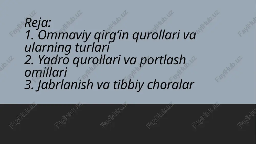 azgan. portlash hududida 13 kvadrat kilometr maydon to‘liq vayron bo‘lgan. shamol esa radioaktiv changni o‘nlab kilometr masofaga tarqatib yuborgan. jabrlanganlarga yordam ko‘rsatishda eng avvalo nafas yo‘llarini ochish va qon ketishini to‘xtatish talab qilinadi. radiatsion ifloslanishda odamlarni tezkor dekontaminatsiya qilish juda muhimdir. qon yo‘qotganlarga transfuzion yordam beriladi. og‘ir bemorlar uchun suyuqlik terapiyasi va antibiotiklar qo‘llanadi. chernobil fojiasidan so‘ng 134 kishi o‘tkir radiatsion kasallik tashxisi bilan shifoxonaga yotqizilgan, ulardan 28 nafari dastlabki oy ichida vafot etgan. yadro portlashidan so‘ng jarohatlanganlarni triage qilish zarur. bo‘lib o‘tgan tarixiy voqealarda ko‘rsatilishicha jabrlanganlarning 60 foizida kuyishlar, 30 foizida bosim-to‘lqin ta’siridan, jarohatlar va 10 foizida radiatsion simptomlar kuzatilgan. radiatsion kasallikning dastlabki belgilari 1-2 soat ichida ko‘ngil aynishi, qusish va umumiy holsizlik bilan namoyon bo‘ladi. xulosa va oldini olish choralari: ommaviy qirg‘in qurollari insoniyat uchun katta xavfdir. shu sababli 1968-yilda yadroviy qurollarni tarqatmaslik to‘g‘risidagi shartnoma qabul qilingan. hozirda 191 ta davlat ushbu shartnomaga qo‘shilgan. favqulodda vaziyatlarga tayyorgarlik va …