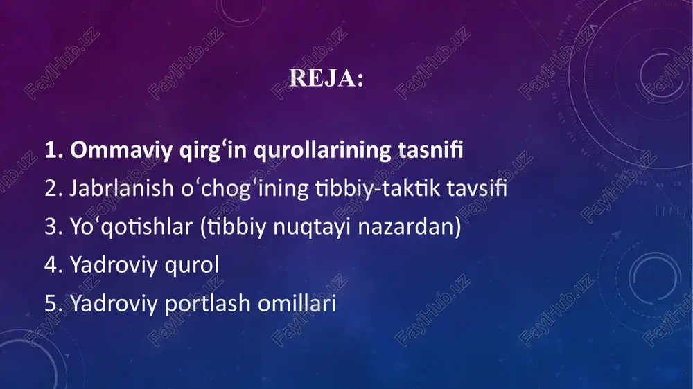 ehtiyoj birinchi tibbiy yordam kechiksa, o‘lim va og‘ir nogironlik xavfi ortadi. tibbiy saralash (triage) zarur: kimga birinchi yordam berish kerakligi aniqlanadi. transport va aloqa buzilishi portlash va vayronagarchilik oqibatida yo‘llar, kasalxona binolari, elektr, aloqa vositalari ishdan chiqadi. evakuatsiya qilish qiyinlashadi. maxsus ishlov zarurati radiatsiya, kimyoviy va biologik zararlanish bo‘lsa dezaktivatsiya – radioaktiv ifloslanishni yo‘qotish. degazatsiya – zaharli moddalarni zararsizlantirish. dezinfeksiya – yuqumli mikroblarni yo‘qotish. sanitariya-epidemiologik xavf o‘choqda yuqumli kasalliklar tez tarqalishi mumkin. maxsus profilaktika choralarini ko‘rish zarur. psixologik omillar aholi va jabrlanganlarda vahima, ruhiy zarba, stress paydo bo‘ladi. psixologik yordam ham tibbiy tadbirlar qatoriga kiradi. yo‘qotishlar (tibbiy nuqtayi nazardan) ommaviy qirg‘in quroli qo‘llanganda odamlarning halok bo‘lishi va shikastlanishi bilan bog‘liq holatlar yo‘qotishlar deb ataladi. irreversibil yo‘qotishlar (qaytarilmas) portlash joyida yoki qisqa vaqtda halok bo‘lganlar. odatda og‘ir mexanik shikastlanish, yonish, yuqori dozali radiatsiya yoki zaharlanish sababli. ularga tibbiy yordam ko‘rsatish imkonsiz. sanitariya yo‘qotishlari (davolash mumkin bo‘lganlar) jarohatlangan, kuygan, radiatsiya olgan, zaharlangan …