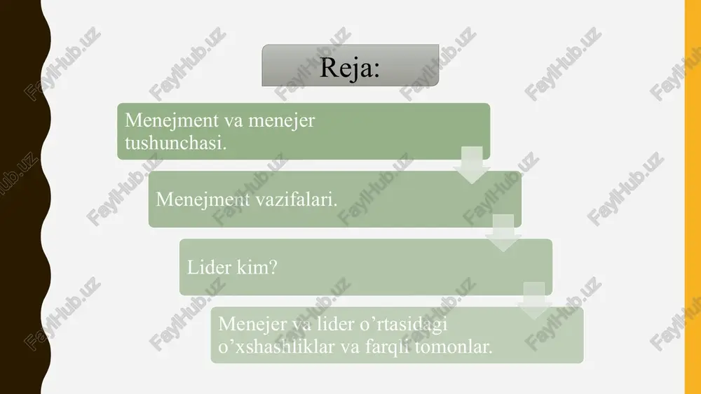 arni baholash 2 o'qitish va rivojlantirish ta'lim dasturlari, seminarlar, mentoring 3 motivatsiya va rag'batlantirish 4 yetakchilikni rivojlantirish potensial liderlarni aniqlash va ularni tayyorlash 7 tashkiliy qurilma va uning elementlari tuzilma tashkilotning ierarxik tuzilishi, bo'linmalar va lavozimlar. menejment boshqaruv tizimi, qaror qabul qilish jarayonlari va vakolatlar. madaniyat tashkilotning qadriyatlari, qoidalari va odatlari. resurslar inson, moliyaviy, texnik va boshqa resurslar. 8 qaror qabul qilish va ularni amalga oshirish 1 ma'lumot to'plash 2 variantlarni tahlil qilish 3 qaror qabul qilish 4 amalga oshirish 5 baholash 9 motivatsiya va moddiy rag'batlantirish 1 maosh 2 bonuslar 3 sug'urta 4 imtiyozlar 10 menejer va lider o'rtasidagi o'xshashliklar va farqli tomonlar o'xshashliklar ikkala rol ham tashkilotning maqsadlariga erishishga yo'naltirilgan. ikkala rol ham jamoa bilan ishlashni va ularni yo'naltirishni talab qiladi. farqli tomonlar liderlar ko'proq ilhomlantiradi va jamoa ruhiga e'tibor qaratadi, menejerlar esa ko'proq jarayonlar va tashkilotga e'tibor qaratadi. 11 dolzarb masalalar va kelajak yo'nalishlar zamonaviy boshqaruv va …