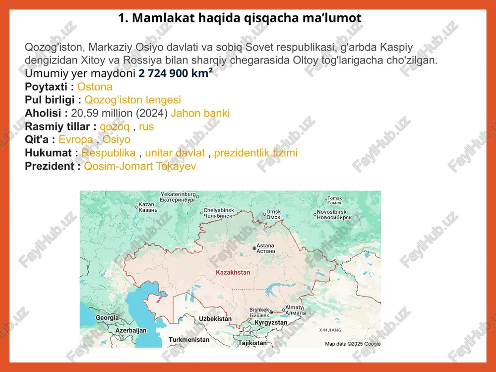 shga tushirish kabi siyosiy tashabbuslar bilan qo'llab-quvvatlandi . tashrifchilar soni va xarajatlari chet ellik sayyohlar: 15,3 mln. bir kechada xorijiy sayyohlar: 10,4 mln. mahalliy sayyohlar: 10,5 million. xorijiy sayyohlik xarajatlari: 2,6 milliard dollardan ortiq. ko'lsay ko'llari tyan-shan togʻlarining shimoliy yon bagʻrida qozogʻiston janubi-sharqida ( qirgʻiziston bilan chegaradan 10 km uzoqlikda ) joylashgan. koʻlsay koʻllari mintaqadagi mashhur togʻ turizmi yoʻnalishi hisoblanadi. 3. mamlakatning diqqatga sazovor joylari olmaota shahri yaqinida joylashgan shymbulak tog'-chang'i kurorti o'zining ajoyib qorli tog' manzaralari, ajoyib chang'i inshootlari va unutilmas sayohatlari bilan yuqori baholanadi . sayyohlar uning yuqori bahosini qadrlashadi, ko‘pchilik bu yerni chang‘ichilar uchun markaziy osiyoda albatta tashrif buyurishi kerak bo‘lgan joy deb ta’riflaydi. khoja ahmed yasawi maqbarasi – turkiston shahrida joylashgan bu maqbara 14-asrda qurilgan va unesconing butunjahon merosi ro'yxatiga kiritilgan. yasawi, o'z davrida, sufi olimi va mutafakkir bo'lib, qozog'istonning diniy va madaniy tarixi uchun katta ahamiyatga ega. bayterek minor: nursultonda joylashgan, 105 metr balandlikda bo'lgan …
