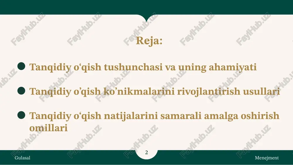 lik ishonchli?” kabi savollar o‘quvchini faollikka undaydi. shuningdek, muallif pozitsiyasini tahlil qilish va unga nisbatan o‘z qarashini bildirish tanqidiy fikrlashni chuqurlashtiradi. bu orqali o‘quvchi matnni shunchaki qabul qilmaydi, balki uni baholay boshlaydi. gulasal menejment ‹#› dalillarni tahlil qilish va ularni solishtirish tanqidiy yondashuvning asosiy qismidir. fikrning qanchalik asosli ekanini tushunish orqali o‘quvchi har qanday axborotga tanlab yondashishni o‘rganadi. turli nuqtai nazarlarni solishtirish, qarama-qarshi fikrlarni ko‘rib chiqish esa tafakkurni kengaytiradi, shaxsiy qarashning shakllanishiga zamin yaratadi. gulasal menejment ‹#› tanqidiy o‘qish natijasida olingan bilimlar va ko‘nikmalarni amaliyotda qo‘llash samarali o‘qishning asosi hisoblanadi. tanqidiy o‘qish nafaqat bilim olishni, balki o‘rganilgan materialni chuqur tahlil qilish va uning asosida qarorlar qabul qilishni o‘rgatadi. bu esa, o‘z navbatida, o‘quvchining o‘z fikrini mustahkam dalillar bilan asoslab berish qobiliyatini rivojlantiradi. gulasal menejment tanqidiy o‘qish natijalarini samarali amalga oshirish omillari ‹#› tanqidiy o‘qish orqali olingan bilimlarni amaliyotda qo‘llashda muhim omil — muammolarga yechim topishdir. o‘quvchi o‘rganilgan material asosida amaliy …