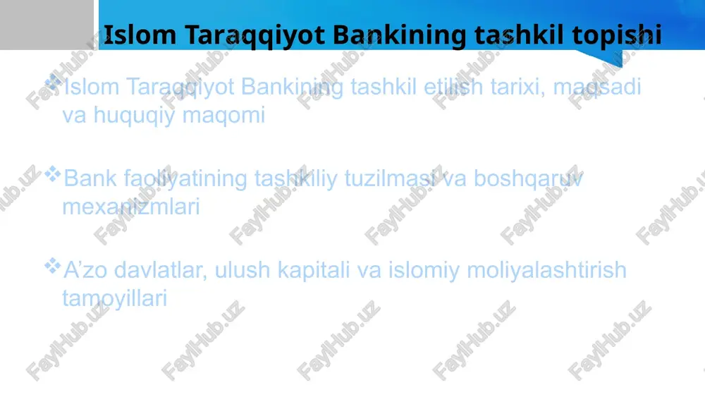 ‘nalishlari va strategik vazifalari asosiy yo‘nalishlar bankning faoliyat yo‘nalishlari orasida infratuzilma loyihalari, ta’lim va sog‘liqni saqlash tizimlari rivoji, energiya ta’minoti, suv xo‘jaligi va qishloq xo‘jaligini modernizatsiyalash kabi sohalar mavjud. this presentation uses a free template provided by fppt.com www.free-power-point-templates.com murobaha (savdo asosidagi kredit) musharaka (hamkorlik asosidagi sarmoya) ijara (lizing) sukuk (islomiy obligatsiyalar) bu instrumentlar iqtisodiy risklarni kamaytirish va foydani adolatli taqsimlash imkonini beradi. islomiy moliya instrumentlari this presentation uses a free template provided by fppt.com www.free-power-point-templates.com idb bmtning 2030 yilgacha barqaror rivojlanish maqsadlari (sdgs)ni qo‘llab-quvvatlaydi. so‘nggi yillarda bank “transform fund” va “engaging for impact” dasturlari orqali raqamli texnologiyalar, ayollar tadbirkorligi va ijtimoiy innovatsiyalarni rivojlantirishga e’tibor qaratmoqda. barqaror rivojlanish va innovatsiya this presentation uses a free template provided by fppt.com www.free-power-point-templates.com islom taraqqiyot bankining o‘zbekiston bilan hamkorlik tajribasi va istiqbollari hamkorlik tarixi o‘zbekiston 1976-yildan islom taraqqiyot bankiga a’zo. shu davrdan buyon mamlakatda 30 dan ortiq yirik loyiha amalga oshirilgan bo‘lib, umumiy …