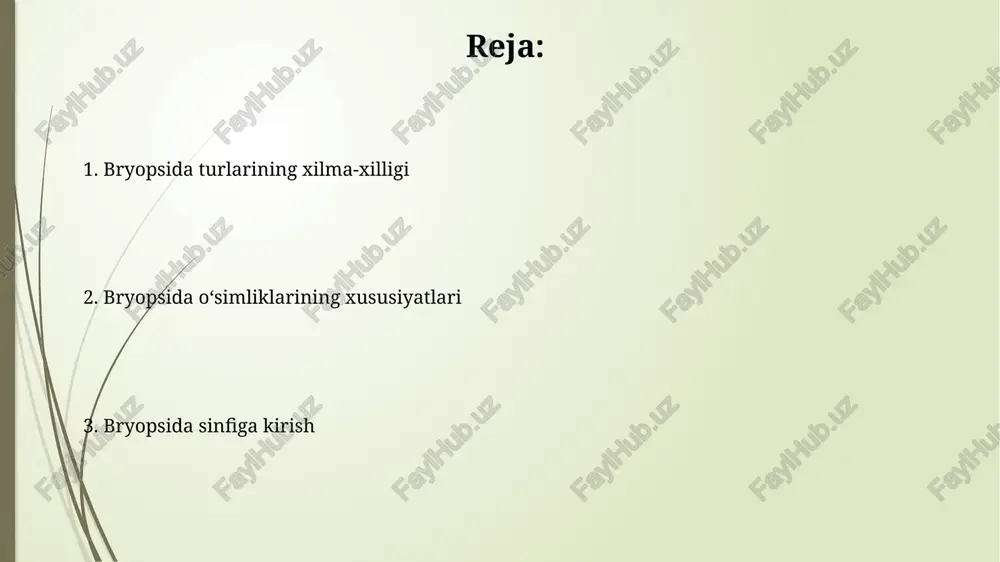 yiliga 1 gektardan 5-10 tonnagacha hoʻsil olish mumkin. bryopsida oʻsimliklari dorivor xossalarga ega; ularning ekstrakti antibakterial, yalligʻlanishga qarshi ta’sirga ega va xalq tabobatida 100 dan ortiq kasalliklarni davolashda qoʻllaniladi. bryopsida hayot sikli bryopsida hayot siklida gametofit, sporofitga qaraganda ancha uzoqroq yashaydi va o'rtacha 1-10 yil, ba'zi turlarda esa 100 yildan ham ko'proq umr ko'rishi mumkin. bryopsida jinsiy ko'payish jarayoni suv muhitini talab qiladi, chunki spermatozoidlar suv yordamida arxegoniyaga yetib boradi va shu orqali urug'lanish amalga oshadi. bryopsida koʻpayishi jinsiysiz koʻpayish fragmentatsiya orqali sodir boʻladi, bunda gametofitning qismlari yangi oʻsimliklarni hosil qilish uchun ajralib ketadi, bu jarayon 1-2 hafta ichida tugaydi. bryopsida sporalari, haploid hujayralar boʻlib, ularning tarqalishi shamol yordamida amalga oshiriladi va oʻrtacha 10-20 mikrometr kattalikda boʻladi. bryopsida oʻsimliklarining morfologiyasi bryopsida sinfiga mansub turdagi oʻsimliklarning gametofitlari koʻpincha yashil, yoyilgan yoki tik oʻsadigan, balandligi 1 sm dan 50 sm gacha oʻzgarib turadi. barglarining hujayralari odatda bir hujayrali qalinlikda boʻladi, ammo ba’zi …