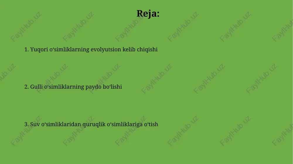 rgan. yuqori oʻsimliklarning evolyutsiyasi 470 million yil avval, silur davrida, suv oʻsimliklaridan quruqlikka chiqishi bilan boshlangan va bu jarayonda fotosintezning c3 yoʻlidan c4 yoʻliga oʻtish kabi muhim oʻzgarishlar yuz bergan. kelajak tadqiqotlari o'simliklarning turli xil adaptatsiyalarining (masalan, c4 fotosintezi) paydo bo'lishini aniqlash uchun, 1000 dan ortiq o'simlik genomlarini taqqoslash orqali evolyutsion tahlillarni o'tkazish muhimdir. yuqori o'simliklarning evolyutsiyasi jarayonida genomlarning katta miqdordagi (100 mb dan ortiq) gorizontal gen o'tkazish hodisalarini aniqlash va ularning funksiyalarni o'rganish bo'yicha tadqiqotlarni kengaytirish zarur. o'simliklarning tarqalishi yuqori o'simliklarning tarqalishi, taxminan 470 million yil avval, silur davrida suvdan quruqlikka o'tish bilan boshlangan va bu jarayon sporalar yordamida amalga oshirilgan. angiospermlar, yoki gulli o'simliklar, 140 million yil avval paydo bo'lib, tez tarqalishi hayvonlar tomonidan changlatish va urug'larning samarali tarqalishi bilan bog'liq. urug'lanishning evolyutsiyasi o‘simliklarning quruqlikka chiqishi jarayonida suvni o‘zlashtirish va o‘tkazish uchun ksilen va floema kabi ixtisoslashgan to‘qimalar 450 million yil avval paydo bo‘lgan. urg‘ochilik o‘simliklarining 80% dan …