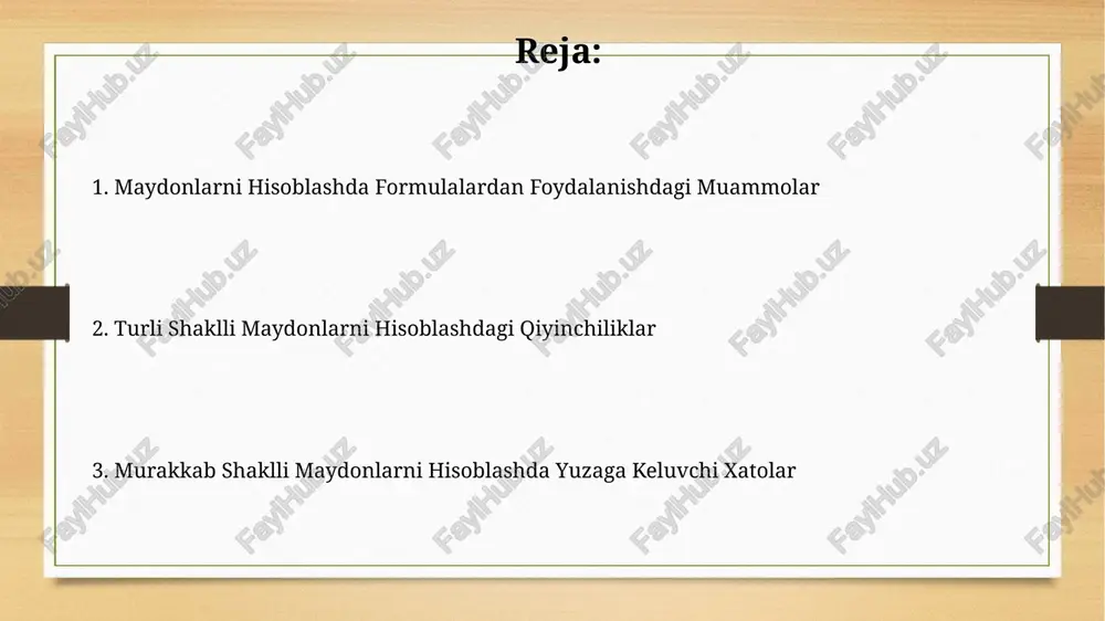 paytirish, natijada 25 ga teng bo'lishi kerak bo'lgan maydonni 24 deb hisoblashga olib kelishi mumkin. bu oddiy qo'shish yoki ayirish xatolari ham bo'lishi mumkin. noto'g'ri formula tanlash murakkab shakllarni hisoblashda, ayniqsa, 3 yoki undan ortiq geometrik shakllar yig'indisidan tashkil topganlar uchun, noto'g'ri formula tanlash natijasida umumiy maydonning 50% gacha xatoligi paydo bo'lishi mumkin. noto'g'ri formulani tanlash, masalan, to'g'ri to'rtburchak o'rniga kvadrat formulasi (s=a²) ni qo'llash 20% gacha xatolikka olib kelishi mumkin, bu esa hisob-kitoblarning aniqligiga salbiy ta'sir qiladi. maydonlarni hisoblashda formulalardan foydalanishdagi muammolar maydonlarni hisoblashda murakkab geometrik shakllar, masalan, 5 tomonli yulduz yoki 12 qirrali ko'pburchak uchun mos formula topish qiyin bo'lishi mumkin, bu esa bo'laklarga bo'lish yoki yaqinlashtirish usullarini qo'llashni talab qiladi. noto'g'ri o'lchov natijalari, xatoliklarning 10% dan ortiq bo'lishi, hisob-kitoblarning aniqligiga salbiy ta'sir ko'rsatadi va natijada maydonning haqiqiy qiymatidan sezilarli farqlarni keltirib chiqaradi. kompyuter dasturlaridan foydalanishdagi muammolar murakkab geometrik shakllar uchun maxsus dasturlar talab etiladi va ba'zi bepul …