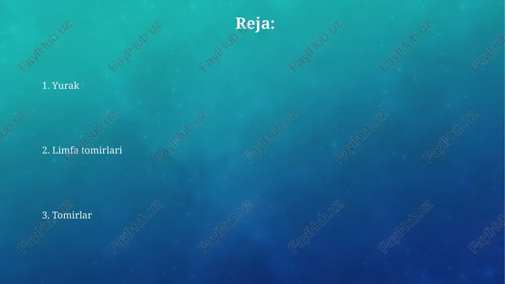 otlar, tola va omega-3 yog' kislotalari boy ovqatlar iste'mol qilish yurak-tomir tizimini himoya qilishda muhim rol o'ynaydi. tomirlarning turlari: arterial va venoz arterial tomirlar qonni yurakdan tananing boshqa qismlariga 120 mm hg ga yaqin bosim bilan yetkazadilar, venoz tomirlar esa qonni to'qimalardan yurakka taxminan 15-20 mm hg bosim bilan qaytaradi. venoz tomirlarda qon oqimini ta'minlash uchun klapanlar mavjud boʻlib, ular qonning teskari oqishini oldini oladi, arterial tomirlarda esa bunday klapanlar yoʻq. qon bosimi va uning tartibga solinishi simpatik asab tizimi adrenalin va noradrenalinni chiqarib, yurak urish tezligini va qon tomirlarining torayishini kuchaytirib, qon bosimini tezkor tarzda oshiradi. qon bosimining normal qiymati 120/80 mm hg atrofida bo'lib, yurak qisqarishi va qon tomirlarining qarshiligining muvozanati bilan tartibga solinadi. limfa tugunlari va ularning rol har bir limfa tuguni, kapsül bilan o'ralgan va limfa yo'llarining bir-biriga ulanishi natijasida tarmoq hosil qiladi, bu esa limfaning butun tanaga tarqalishiga yordam beradi. limfa tugunlarining yallig'lanishi (limfadenit), odatda, …