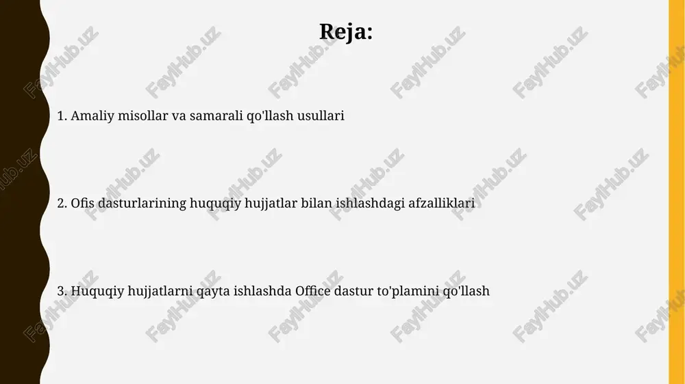va 15% kamroq xatoga yo'l qo'yilishi mumkin. hujjatlarni saqlash va arxivlash hujjatlarni nomlash konventsiyasini (masalan, yyyymmdd_hujjat nomi) joriy etish va metama’lumotlardan foydalanish qidiruv va hujjatlarni topish vaqtini 50% ga qisqartiradi. office 365 ning onedrive va sharepoint xizmatlaridan foydalanib, bir nechta foydalanuvchilar uchun hujjatlarga kirishni boshqarish va versiyalarni kuzatish orqali hujjatlarning xavfsizligini ta’minlash mumkin. hamkorlikda ishlash powerpoint prezentatsiyalari vositasida murakkab huquqiy masalalarni 10 ta slayddan iborat bo’lgan vizual ravishda tushunarli taqdimotlar yaratish orqali mijozlar yoki sud organlariga taqdim etish mumkin, bu esa muloqotni yaxshilaydi. microsoft word’dagi “track changes” funksiyasi yordamida 2 yoki undan ortiq huquqshunos 1 ta hujjat ustida birgalikda ishlashi, o’zgartirishlarni kuzatish va izohlarni qo’shish imkoniyatini beradi, bu samaradorlikni oshiradi. shablonlardan foydalanish murakkab shartnomalar yoki da’volar uchun 5 dan ortiq turdagi tayyor shablonlarni yaratish va ularni tegishli fayl tizimida saqlash samaradorlikni oshiradi. microsoft word'dagi shablonlarni maxsus maydonlar (merge fields) bilan to'ldirish orqali 100 dan ortiq hujjatni bir xil ma'lumotlar bilan …