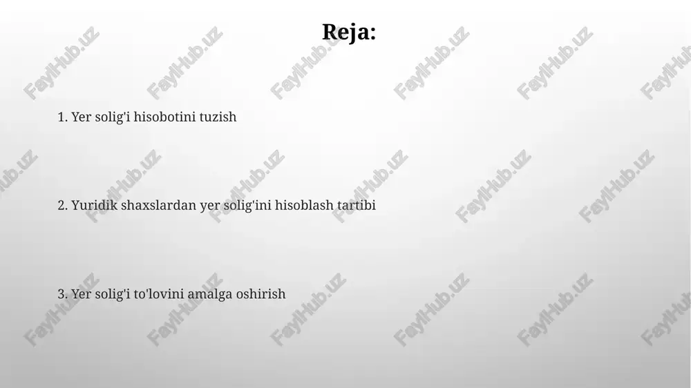 diy ahamiyatini aks ettiradi. yer uchastkasining kadastral qiymati ham yer solig'ini hisoblashda ishlatilishi mumkin, bu holda formula quyidagicha bo'ladi: soliq = kadastral qiymat soliq stavkasi (%). stavka 0.1% dan 1% gacha o'zgarib turadi. soliq deklaratsiyasini to'ldirish soliq deklaratsiyasining 010-sonli kodi, yer solig'i bo'yicha hisobot berish uchun ishlatiladi va unda yer uchastkasi maydoni (kv.m), yer kategoriyasi va soliq stavkasi kabi ma'lumotlar ko'rsatiladi. deklaratsiyada ko'rsatilgan soliq summasi 25-iyundan kechiktirmasdan to'lanishi kerak bo'lib, to'lovni tasdiqlovchi hujjatlarni saqlash majburiy hisoblanadi. soliq stavkalari va imtiyozlari ayrim yuridik shaxslar, masalan, kam ta'minlangan oilalarga er ajratgan tashkilotlar, soliq imtiyozlaridan, xususan, soliq stavkasining pasaytirilishidan foydalanishlari mumkin. 2024 yil uchun soliq kodeksida belgilangan imtiyozlar va stavkalar bo'yicha aniq ma'lumotlarni davlat soliq qo'mitasining rasmiy veb-saytidan topish mumkin. yuridik shaxslar uchun yer solig'ini hisoblash tartibi yuridik shaxslarning yer uchastkasi maydonining kadastr hujjatlariga muvofiq aniqlanishi va unga 1 gektar uchun belgilangan soliq stavkasi qo'llanilishi hisob-kitoblarning asosiy bosqichidir. yer solig'i hisob-kitobida, yer uchastkasining …