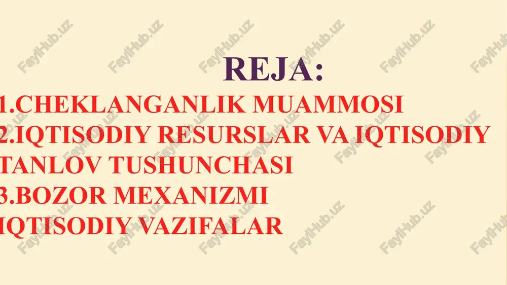 rkor tadbirkor ishlab chiqarish jarayonida yer, kapital, xomashyo, ishchi kuchi va boshqa barcha resurslarni birlashtiradi va o`ziga xos ―katalizator‖ vazifasini o`taydi. tadbirkor biznes yuritish bilan bog`liq katta tavakkalchilikni (riskni) o`z zimmasiga oladi. bozor iqtisodiyotida tadbirkorga foyda olish kafolatlanmagan, ya′ni u yilni zarar bilan yakunlashi ham mumkin. tadbirkor ishlab chiqarishga innovatsion texnologiyalar, yangi mahsulot turlari va biznesni tashkil etishning ilg`or usullarini joriy etishga harakat qiluvchi tashabbuskor shaxs hisoblanadi cheklanganlik muammosi iqtisodiyotning bosh muammosi individual shaxslar, jamiyat va davlat ehtiyojlarining cheksizligi cheksiz ehtiyojlarni qondirish vositalari bo`lgan resurslarning cheklanganligi resurslarni optimal taqsimlash va samarali ishlatish muammosi miqdoriy mos kelmaslik cheksiz ehtiyojlar cheklangan tanlov muammosi ehtiyojlarning oshib borishi ne′matlarning cheklanganligi qarorlarni qabul qilishda muqobillik iqtisodiy hatti-harakat yakuniy qaror qabul qilish bozor tushunchasi bozor - bu birinchidan, sotuvchilar va xaridorlarni uchrashadigan joyi, ular o`rtasida kelishilgan narx bo`yicha tovar almashuvi sodir bo`ladi. bozorda sotishni amalga oshirish uchun ma′lum xarajatlar qilinadi va bu xarajatlar bozor to`g`risida axborot …