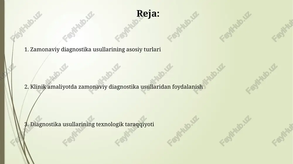 imida monitoring qilish, 5-10 daqiqada tezkor dastlabki diagnostika qo'yishga imkon beradi. teletibbiyot, bemorlarning 70% gacha geografik cheklovlarsiz shifokorlar bilan masofadan turib bog'lanishiga va dastlabki diagnostika o'tkazish imkonini beradi, bu esa vaqtni va resurslarni tejaydi. laboratoriya diagnostikasi laboratoriya diagnostikasida yuqori aniqlikdagi avtomatlashtirilgan analizatorlar yordamida bir soat ichida 1000 dan ortiq namunani tahlil qilish imkoniyati mavjud bo'lib, bu tezkor natijalarga olib keladi. immunoferment analiz (ifa) usuli laboratoriya diagnostikasida turli xil infektsiyalar va autoimmun kasalliklarni aniqlashda, antigen va antitelolarni aniqlash orqali, yuqori sezuvchanlik bilan qo'llaniladi. tasvirlash texnologiyalari tasvirlash texnologiyalarida, masalan, mrtda 1,5 tesla va undan yuqori magnit maydon kuchlanishiga ega qurilmalar yuqori aniqlikdagi tasvirlarni hosil qilish imkonini beradi, bu esa diagnostika aniqligini sezilarli darajada oshiradi. kompyuter tomografiyasi (kt) tekshiruvi paytida o'rtacha 100 dan ortiq rentgen nurlanish kesimi qo'llanilib, 3d rekonstruktsiya qilinadi va bu organlarning ichki tuzilmalarini batafsil o'rganishga yordam beradi. e'tiboringiz uchun rahmat @taqdimot_robot image1.jpg image2.jpg image3.jpg image4.jpg image5.jpg image6.jpg image7.jpg
