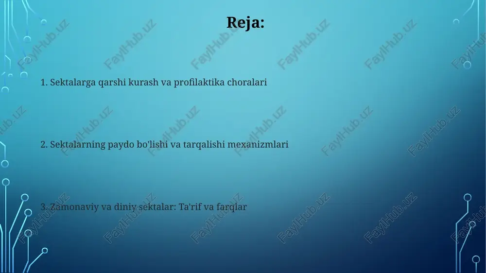 , 10 yoshdan 18 yoshgacha bo'lgan yoshlarga bag'ishlangan maxsus dasturlar samaradorligi 70% ga yetdi. sektalarga qarshi kurashda 30 dan ortiq davlat xalqaro hamkorlikda 5 yillik dasturlarni amalga oshirmoqda, bu terrorizm va ekstremizmning oldini olishga qaratilgan. sektalar va davlat siyosati konstitutsiyaviy huquqlarga rioya qilgan holda, davlat siyosati sekta a'zolari sonining ko'payishiga yo'l qo'ymaslik maqsadida, diniy ta'lim muassasalarini litsenziyalash va ularning faoliyatini nazorat qilish orqali amalga oshiriladi. so'nggi 20 yil ichida o'zbekistonda ro'yxatdan o'tgan diniy tashkilotlar soni sezilarli darajada oshdi, ammo davlat nazorati va monitoringi kuchaytirildi, bu esa ayrim sektalarning faoliyatini cheklashiga olib keldi. sektalarning psixologik ta'siri sekta liderlarining manipulyativ xatti-harakatlari, masalan, "qora va oq" fikrlash tarzini singdirish orqali, a'zolarning mustaqil fikrlash qobiliyatini pasaytiradi va 90% ga yaqin ta’sirchanlikni ta’minlaydi. sektalarga qo‘shilish, 70% hollarda, shaxsning o‘ziga bo‘lgan ishonchini yo‘qotishi va ijtimoiy izolyatsiyaga uchrashi bilan bog‘liq bo‘lib, depersonalizatsiya va identifikatsiya inqiroziga olib keladi. zamonaviy va diniy sektalar ta'rifi zamonaviy sektalar, ko'pincha 10-100 kishidan …