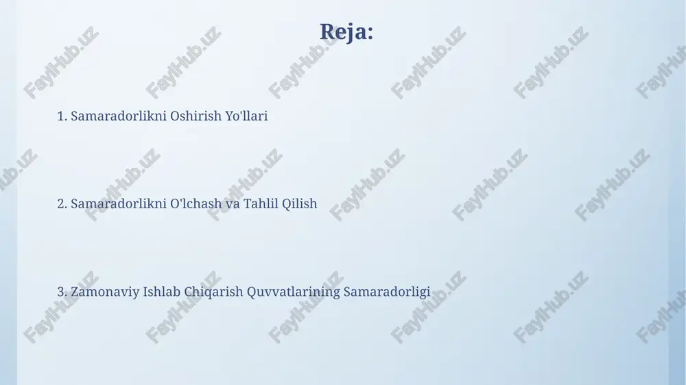rtirish imkoniyatini beradi. just-in-time (jit) yetkazib berish strategiyasi omborxona maydonlarini 25% ga kamaytirib, inventar aylanish tezligini 2x ga oshirishi mumkin. innovatsiyalar va texnologik yangilanishlar 3d-bosma texnologiyalarining qo'llanilishi prototip yaratish vaqtini 70% gacha qisqartirish bilan birga, individual buyurtmalarni tezda bajarish imkoniyatini beradi. zamonaviy ishlab chiqarish quvvatlarining samaradorligini 15-20% ga oshirishga yordam beradigan avtomatlashtirish tizimlari va sun'iy intellekt texnologiyalarining joriy etilishi sezilarli iqtisodiy foyda keltiradi. xodimlarni tayyorlash va malakasini oshirish ishlab chiqarish jarayonlarini avtomatlashtirishdan so'ng, 100 ta xodimning 25 tasi qayta tayyorlash kurslaridan o'tib, yangi texnologiyalarni mukammal egallagan va sifatni 10% ga yaxshilagan. xodimlarni malaka oshirish dasturiga investitsiyalar 5 yil ichida o'zining 3 barobarini qaytardi, bu esa ishlab chiqarish samaradorligining 20% ga oshishi bilan bog'liq. sifat nazorati va sifat boshqaruvi sifat nazorati va sifat boshqaruvi tizimlarini joriy etish korxona samaradorligini 15-20% ga oshirishga olib kelishi mumkin, bu esa chiqindilarni kamaytirish va sifatli mahsulotlar ishlab chiqarishni ta'minlaydi. sifat nazorati jarayonlarini avtomatlashtirish, nuqsonli mahsulotlar …