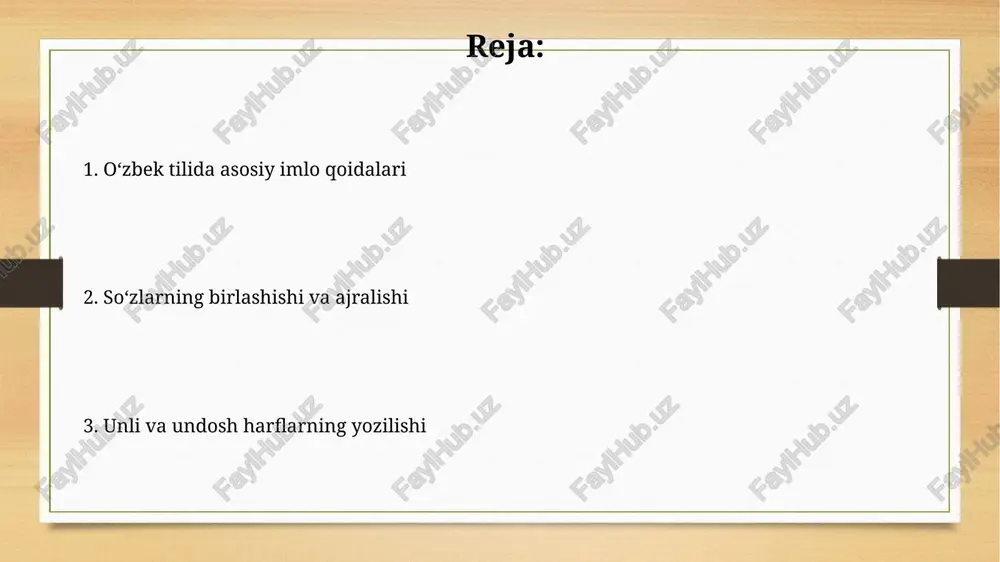 lar oldingi bo‘g‘inga qo‘shiladi, masalan, “o‘qituvchi” so‘zi 3 bo‘g‘inga, “o‘qi-tuv-chi” deb ajratiladi. qo‘sh undosh harflar qo‘sh undosh harflarning yozilishi va talaffuzi so‘zning morfologik tuzilishiga bog‘liq bo‘lib, ba’zi hollarda ularning soni va holati o‘zgaradi, masalan, ko‘plik shakllarida yoki qo‘shimchalar qo‘shilganda. ba’zi qo‘sh undosh harflar, xususan “sh”, “ch”, “ng” kabi birikmalar, alohida harf sifatida qaraladi va ularning yozilishi va talaffuzi aniq qoidalarga bo‘ysunadi, lug‘atlarda 30 ga yaqin bunday birikmalar mavjud. undosh harflarning yozilishi so'z boshida uchraydigan undosh tovushlar soni 3 tadan oshmaydi. agar undosh tovushlar soni 3 tadan ko'p bo'lsa, ularning to'g'ri yozilishi grammatik qoidalar va so'zning ma'nosiga bog'liq bo'ladi. ba'zi undosh harflar boshqa undosh harflar bilan birikib, yangi tovushlarni hosil qiladi va bu birikmalar alohida grafemaning (masalan, "sh", "ch", "ng") yozilishi bilan ifodalanadi. ularni alohida harflar sifatida ko'rib chiqish kerak. sifatlarning yozilishi otlarga qo‘shilgan sifatlar, agar otning oxiri undosh bilan tugasa, bog‘lovchi undosh “-i-” yoki “-u-” qo‘shilishi mumkin. masalan, "yangi uy", …