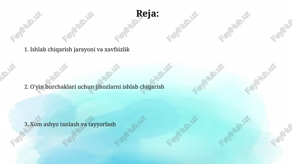 i silliq va burchaksiz bo'lishi, o'tkir qirralar yo'qligi bolalarning jarohatlanish xavfini 80% ga kamaytiradi. bolalar o'yin burchaklari jihozlarining balandligi 1,2 metrdan oshmasligi kerak, bu esa yiqilish xavfini kamaytiradi va iso 9001 standartiga mos keladi. o'yin burchaklari uchun jihozlarni ishlab chiqarishning ahamiyati sifatli oʻyin jihozlari bolalar jarohatlari sonini 50% gacha kamaytiradi va maktabgacha ta'lim muassasalarida xavfsizlik standartlariga mos kelishini ta'minlaydi. oʻyin burchaklarida bolalar rivojlanishi uchun zarur boʻlgan 30 dan ortiq turdagi jihozlar mavjudligi, ularning 70% dan ortigʻi sensorli va kognitiv rivojlanishni qoʻllab-quvvatlashga qaratilgan. marketing va reklama brendlash va logotipni ishlab chiqish, shuningdek, mahsulotlarning sifatini ta'kidlaydigan reklama shiorlari va materiallarini yaratish, sotib olish ehtimolini 30% ga oshiradi. bolalar o'yin burchaklari uchun jihozlar ishlab chiqarishda marketing 20% ga yaqin foyda keltirishi mumkin, reklama esa sotuvlarni 15% ga oshirishi mumkin, shuning uchun ikkalasini ham muvozanatli qo'llash muhim. sifat nazorati va sinovlari o'yin burchagi jihozlarini ishlab chiqarishda xavfsizlik standartlariga muvofiqligi 3 bosqichda tekshiriladi: materiallar sifati, …