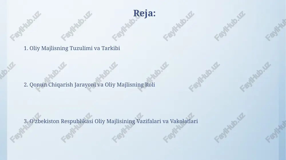 qarorlar qabul qilinishida muhim rol o‘ynagan. oliy majlisning tashqi siyosat qo‘mitasi 30 dan ziyod davlatning parlamentlari bilan ikki tomonlama hamkorlikni rivojlantirishga qaratilgan strategik dasturlarni amalga oshirmoqda. oliy majlis palatalarining vazifalari senat 100 senatorni o'z ichiga oladi, ularning 84 tasi viloyatlar va toshkent shahri vakillaridan, 16 tasi prezident tomonidan tayinlanadi va respublika byudjetini tasdiqlashda ishtirok etadi. oliy majlisning ikkala palatasi ham qonun loyihalarini muhokama qilish va qabul qilishda teng huquqlarga ega, ammo senat veto huquqiga ega. oʻzbekiston respublikasi oliy majlisining tarixi oliy majlisning 1994-yildagi sessiyasida 200 dan ortiq qonun loyihalari muhokama qilingan va qabul qilingan, bu davr mamlakatning siyosiy va iqtisodiy hayotini qayta qurishga qaratilgan edi. oʻzbekiston respublikasi oliy majlisi 1990-yil 24-martda ikki palatali parlament sifatida tashkil topgan, ya'ni qonunchilik palatasi va senatdan iborat edi. e'tiboringiz uchun rahmat @taqdimot_robot image4.png image5.jpg image6.jpg image7.jpg image8.jpg image9.jpg image10.jpg image11.jpg image3.jpeg