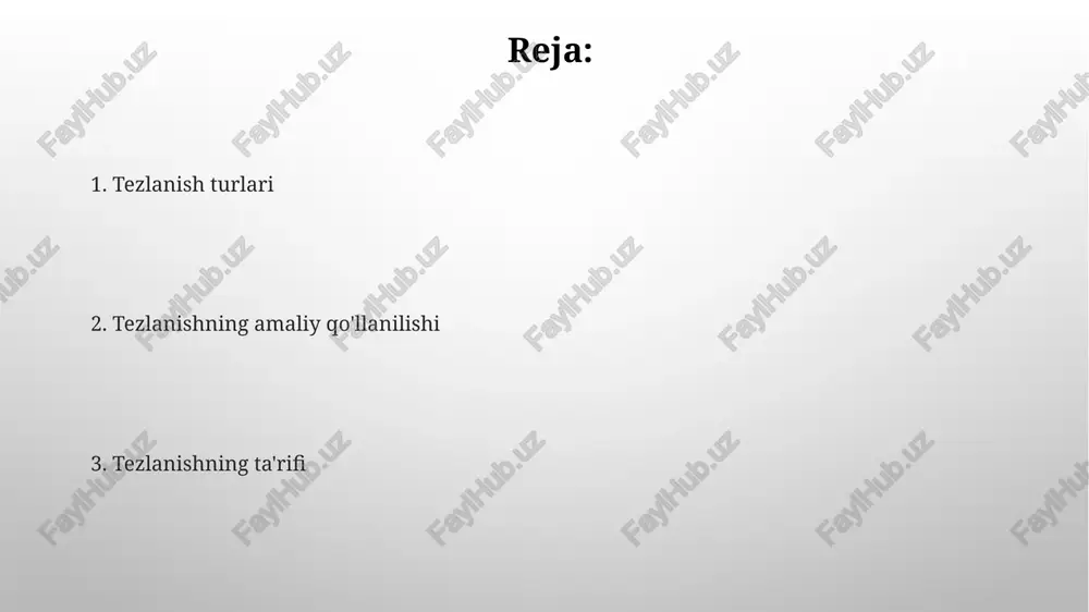 ng bo'lsa, 10 kg massali jismga 10 n kuch ta'sir qiladi, nyutonning ikkinchi qonuniga (f=ma) muvofiq. tezlanish misollari aylanma harakatda harakatlanayotgan jismning markazga intiluvchi tezlanishi (a = v²/r) tezlikning kvadratiga toʻgʻri proportsional va radiusga teskari proportsionaldir; bu yerda "v" – tezlik, "r" – radius. avtomobil 0 dan 100 km/soat tezlikka 5 sekundda yetsa, uning oʻrtacha tezlanishi 5,56 m/s² ga teng boʻladi. bu hisoblashda tezlikning vaqt boʻyicha oʻzgarishi hisobga olinadi. tezlanish turlari burchak tezlanishi esa aylanma harakatdagi tezlikning vaqt bo'yicha o'zgarishini, masalan, 1 radian/sekund kvadrat bilan ifodalanadi va aylanuvchi jismlar dinamikasini tahlil qilishda qo'llaniladi. markazga intilma tezlanish, aylanma harakatda markazga qaratilgan tezlanish bo'lib, uning qiymati radius va burchak tezligiga bog'liq, masalan, v²/r formula orqali hisoblanadi. e'tiboringiz uchun rahmat @taqdimot_robot image3.png image4.jpg image5.jpg image6.jpg image7.jpg image8.jpg image9.jpg image10.jpg image1.png