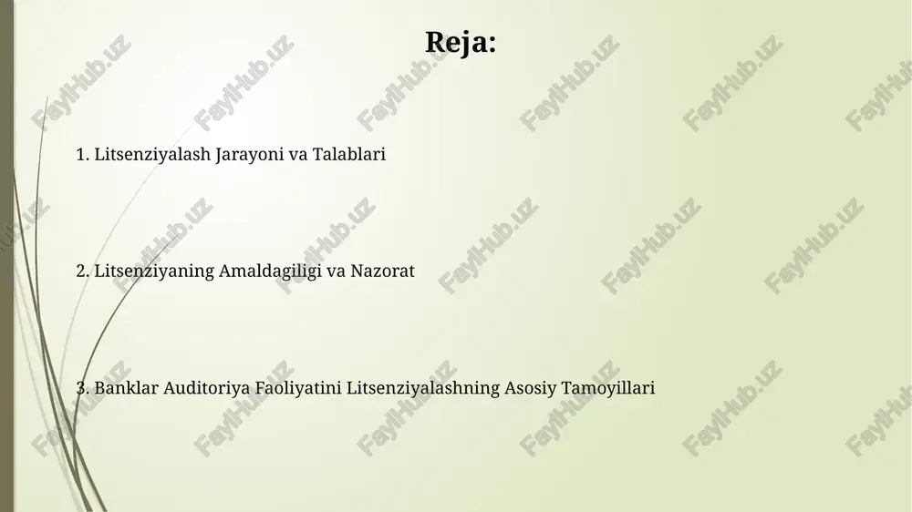 ar va asoslantiruvchi hujjatlar ilova qilinishi shart. litsenziyalash sohasidagi qonun hujjatlari va me'yoriy hujjatlar auditoriya faoliyatini litsenziyalash boʻyicha 1-toifadagi litsenziya olish uchun banklar kamida 5 yillik tajribaga ega boʻlgan 3 nafar malakali auditorga ega boʻlishi shart. litsenziya berish jarayoni davomida banklarning moliyaviy barqarorligi, kapitalizatsiyasi va kamida 50 million soʻm miqdoridagi sugʻurta polisi mavjudligi baholanadi. bank auditlari litsenziyalashining ahamiyati bank auditlari litsenziyalashuvi, audit kompaniyalarining malakali va mustaqil faoliyatini ta'minlab, moliyaviy hisobotlarning ishonchliligini 90% ga oshiradi va bank tizimining barqarorligiga hissa qo'shadi. litsenziyalash jarayoni, bank auditlarini o'tkazish uchun qat'iy me'yorlar va standartlarni (ifrs, isa) belgilaydi, bu esa audit sifatini yaxshilashga va 50 dan ortiq potentsial xavflarni kamaytirishga yordam beradi. auditorlarning malaka va tajriba me'yorlari auditorlar kamida 5 yillik tegishli sohadagi tajribaga va moliyaviy auditorlik bo'yicha xalqaro standartlar (ifrs) bo'yicha sertifikatga ega bo'lishlari kerak. bank auditi uchun auditorlar kamida bakalavr darajasiga ega bo'lishi va kamida 3 yillik bank sohasidagi audit tajribasiga ega bo'lishi …