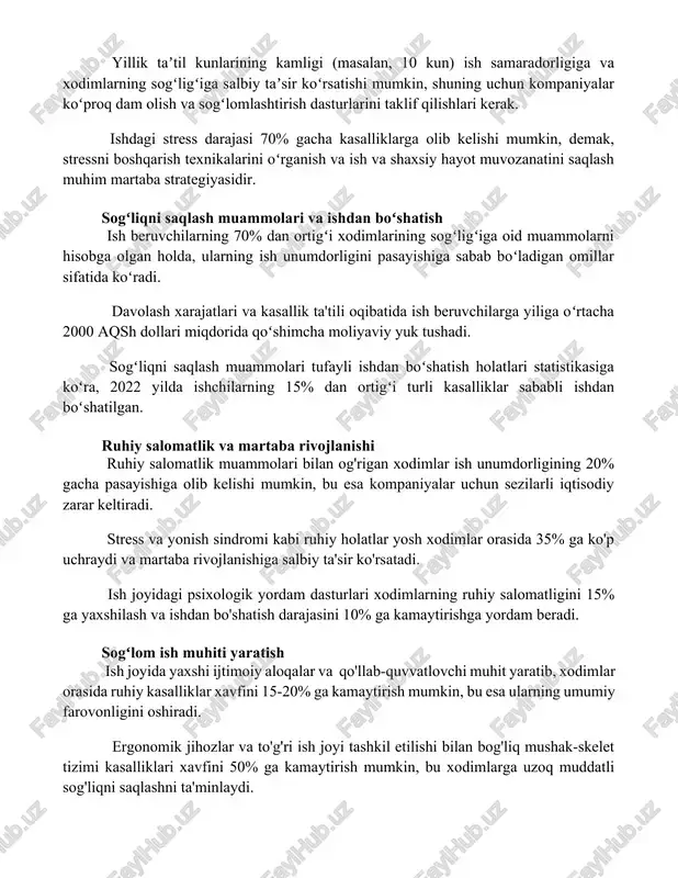 urlarini taklif qilishlari kerak. ishdagi stress darajasi 70% gacha kasalliklarga olib kelishi mumkin, demak, stressni boshqarish texnikalarini oʻrganish va ish va shaxsiy hayot muvozanatini saqlash muhim martaba strategiyasidir. sogʻliqni saqlash muammolari va ishdan boʻshatish ish beruvchilarning 70% dan ortigʻi xodimlarining sogʻligʻiga oid muammolarni hisobga olgan holda, ularning ish unumdorligini pasayishiga sabab boʻladigan omillar sifatida koʻradi. davolash xarajatlari va kasallik ta'tili oqibatida ish beruvchilarga yiliga oʻrtacha 2000 aqsh dollari miqdorida qoʻshimcha moliyaviy yuk tushadi. sogʻliqni saqlash muammolari tufayli ishdan boʻshatish holatlari statistikasiga koʻra, 2022 yilda ishchilarning 15% dan ortigʻi turli kasalliklar sababli ishdan boʻshatilgan. ruhiy salomatlik va martaba rivojlanishi ruhiy salomatlik muammolari bilan og'rigan xodimlar ish unumdorligining 20% gacha pasayishiga olib kelishi mumkin, bu esa kompaniyalar uchun sezilarli iqtisodiy zarar keltiradi. stress va yonish sindromi kabi ruhiy holatlar yosh xodimlar orasida 35% ga ko'p uchraydi va martaba rivojlanishiga salbiy ta'sir ko'rsatadi. ish joyidagi psixologik yordam dasturlari xodimlarning ruhiy salomatligini 15% ga …