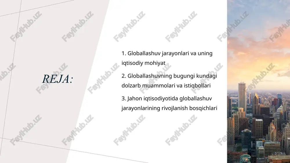 sarmoyalarni jalb qilish boʻyicha harakatlari bilan tavsiflanadi. globallashuvning dolzarb muammolari - boy va kambag'al davlatlar o'rtasidagi farq: so'nggi yillarda iqtisodiy o'sish ko'rsatkichlari rivojlangan mamlakatlar uchun ijobiy bo'lib, kam rivojlangan mamlakatlar esa qiynalmoqda. bu, o'z navbatida, migratsiya va ijtimoiy muammolarni keltirib chiqaradi. ijtimoiy adolatsizlik: ijtimoiy guruhlar o'rtasidagi farq yanada kuchaymoqda. ta'lim, mehnat imkoniyatlari va sog'liqni saqlash sohasidagi farqlar ijtimoiy ziddiyatlarga olib kelishi mumkin. madaniyatlarning assimilyatsiya qilinishi: globalizatsiya jarayonida ko'plab kichik madaniyatlar yirik madaniyatlar tomonidan o'zgarib, yo'qolmoqda. bu jarayon mahalliy an'analarni, tillarni va madaniyatlardagi xilma-xillikni yo'qotishga olib kelishi mumkin. - mahalliy madaniyatlarning yo'qolishi: tashqi madaniyatlar ta'sirida mahalliy urf-odatlar va an'analar “global madaniyat”ga integratsiyalashishi natijasida yo'qolmoqda. 7 siyosiy va iqtisodiy inqirozlar - millatchilik va proteksionizm: ko'plab davlatlar o'z ichki iqtisodiyotlarini himoya qilish maqsadida global savdoni cheklashga harakat qilmoqda. bu holat xalqaro hamkorlikni qiyinlashtiradi. - savdo urushlari: raqobat va millatchilik sababli mamlakatlar o'rtasida savdo urushlari yuzaga kelmoqda, bu esa global iqtisodiyotga salbiy ta'sir ko'rsatadi. …