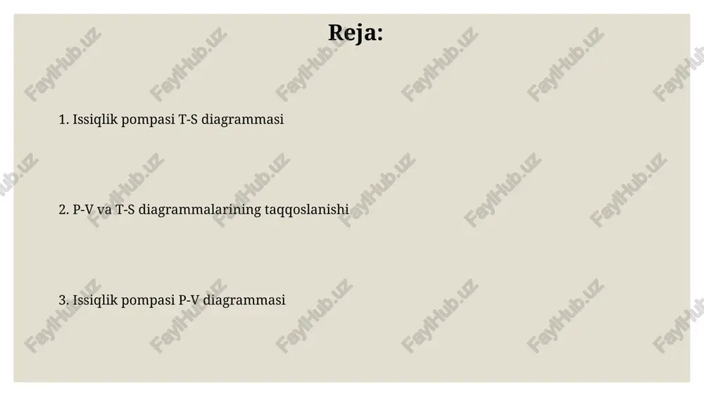 ayon izentropik siqilishni ifodalaydi, bu yerda sovutgichning bosimi 2 mpa dan 4 mpa gacha ortadi, hajmi esa pasayadi va entropiyasi o'zgarmaydi. xulosa va qo'llanmalar issiqlik pompasi p-v va t-s diagrammalarini tahlil qilish, 2-3 kw quvvatli tizimlar uchun optimal ish sharoitlarini aniqlash va energiya samaradorligini 15-20% ga oshirish imkoniyatlarini ko'rsatadi. p-v diagrammasidan foydalanib, issiqlik pompasi kompressorining hajmli samaradorligini taxminan 70-80% gacha aniqlash va issiqlik uzatish koeffitsiyentini hisoblash mumkin. t-s diagrammasida issiqlik pompasi sikli t-s diagrammasida issiqlik pompasi siklining 1-2 jarayoni izobarik bug'lanishni, 2-3 jarayoni izentropik siqilishni, 3-4 jarayoni izobarik kondensatsiyani va 4-1 jarayoni izentropik kengayishni aks ettiradi. t-s diagrammada issiqlik pompasi siklining issiqlik miqdori va entropiya o'zgarishi orasidagi munosabat aniq ko'rsatiladi, bu esa siklning termodinamik samaradorligini hisoblashda muhim rol o'ynaydi, masalan, 40 kj issiqlik miqdori 1 kj/k entropiya o'zgarishiga to'g'ri keladi. e'tiboringiz uchun rahmat @taqdimot_robot image3.jpg image4.jpg image5.jpg image6.jpg image7.jpg image8.jpg image9.jpg