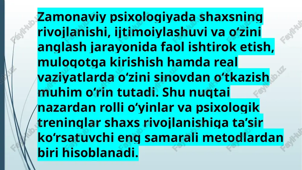 k ko‘nikmalarini rivojlantirish uchun. psixokorreksion o‘yinlar – emotsional muammolar, qo‘rquv yoki agressiyani kamaytirish uchun. pedagogik o‘yinlar – o‘quvchilarni ijtimoiy vaziyatlarda to‘g‘ri harakat qilishga o‘rgatish uchun. tashkiliy-rol o‘yinlari – rahbarlar, menejerlar, xizmat ko‘rsatuvchi soha vakillarini tayyorlashda. misol tariqasida, “nizoni hal etish” rolli o‘yini orqali ishtirokchilar bir-birini tinglash, o‘z fikrini madaniyatli ifoda etish, murosaga kelish ko‘nikmalarini o‘rganadi. shuningdek, “men va jamoam” yoki “mijoz bilan suhbat” kabi o‘yinlar ham ijtimoiy kompetensiyani shakllantirishda katta ahamiyatga ega. psixologik treninglarning mohiyati va maqsadi psixologik trening — bu shaxs yoki guruhning psixologik ko‘nikmalarini rivojlantirish, ruhiy salomatlikni mustahkamlash, kommunikativ, emotsional va intellektual salohiyatni oshirishga qaratilgan maxsus mashg‘ulotdir. treningning asosiy maqsadi — shaxsda o‘zini anglash, o‘zini boshqarish, boshqalar bilan samarali muloqot o‘rnatish hamda hayotdagi qiyin vaziyatlarni yengib o‘tish malakasini shakllantirishdir. treninglarda ishtirokchilar o‘z tajribalari asosida o‘rganadilar, ya’ni bilim passiv emas, balki faol shaklda o‘zlashtiriladi. shu boisdan psixologik treninglar ta’sirchan, amaliy natija beruvchi usul sifatida qadrlanadi. rolli o‘yin va treninglarning …