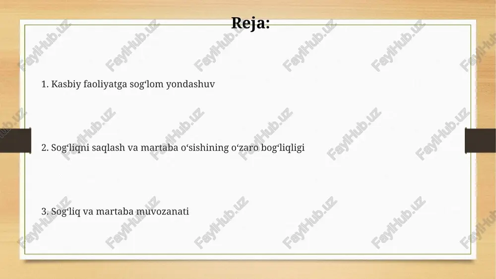 ndromi bilan og'riganlarning 70% dan ortig'i uyqusizlik, depressiya va boshqa psixosomatik kasalliklar kabi sog'liq muammolaridan aziyat chekadi, bu esa ish samaradorligiga salbiy ta'sir ko'rsatadi. stress va ish yukining ortishi yurak-qon tomir kasalliklari xavfini 2-3 baravar oshirishi, natijada kasallik ta'tili va ish qobiliyatining pasayishiga olib kelishi mumkin. sog'liqni saqlash muammolari tufayli ishdan bo'shatish holatlari statistikasiga ko'ra, 35 yoshdan oshgan ayollar orasida 15% dan ortig'i reproduktiv sog'liq bilan bog'liq muammolar tufayli ishdan chetlashtirilgan. ish joyidagi sogʻliqni saqlash xavfsizligi ish joyidagi stress 30% dan ortiq yurak-qon tomir kasalliklariga olib kelishi mumkin, shuning uchun stressni boshqarish boʻyicha mashgʻulotlar va sogʻlom turmush tarzini targʻib qilish muhim. ofis xodimlarining 70% i kompyuterda uzoq vaqt ishlash tufayli umurtqa pogʻonasida ogʻriqlarga duch keladi, ergonomik jihozlar va tana harakatlarini oʻzgartirish kerak. ish joyidagi baxtsiz hodisalar sonini 15% ga kamaytirish uchun xavfsizlik texnikasi qoidalariga rioya qilish va muntazam xavfsizlik tekshiruvlarini oʻtkazish muhim ahamiyatga ega. sogʻliq va martaba muvozanati sog'lom turmush …
