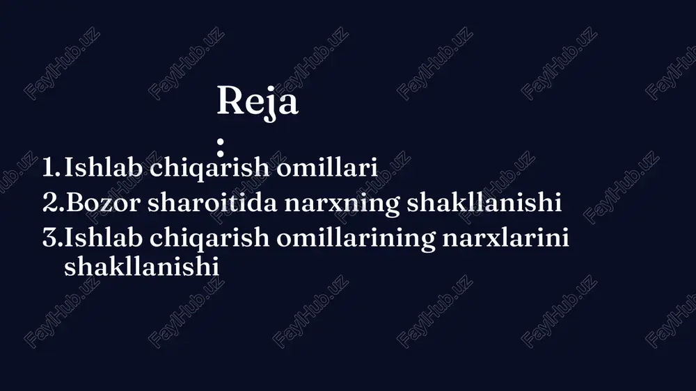 trategiyasini ishlab chiqishi. narx shakllanishining 3 asosiy — erkin, maʼmuriy va aralash tiplari mavjud. erkin narx shakllanishi talab va taklif asosida yuzaga keladi. barcha tovarlar va xizmatlar narxlarining bevosita maʼmuriy belgilanishi maʼmuriy, erkin va maʼmuriy narx shakllanishining turli nisbatlarda qoʻllanishi aralash narx shakllanishideb yuritiladi. narx shakllanishi jarayoni tovar ishlab chiqaruvchi firmadan boshlanib, bozor narxi oʻrnatilgach, tugallanadi. ishlab chiqarish omilari narxlarining bozorda shakllanishi bir qator iqtisodiy jarayonlarga bog'liq. bu jarayonlar asosan quyidagi omillarga ta'sir qiladi: taklif va talab: bozordagi ishlab chiqarish omillarining narxlari taklif va talab o'rtasidagi munosabatga asoslanadi. agar biror omilga talab yuqori bo'lsa, uning narxi oshadi, aksincha, agar taklif ko'p bo'lsa, narxlar pasayishi mumkin. iqtisodiy sharoitlar: iqtisodiyotning umumiy holati, masalan, inflyatsiya darajasi, iqtisodiy o'sish va ishsizlik darajasi ishlab chiqarish omillarining narxlariga ta'sir ko'rsatadi. ishlab chiqarish xarajatlari: ishlab chiqarish jarayonida ishlatiladigan resurslar (mehnat, materiallar, energiya) narxlari oshganda, ishlab chiqarish omillarining narxi ham oshadi. texnologik o'zgarishlar: yangi texnologiyalar ishlab chiqarish jarayonlarini …