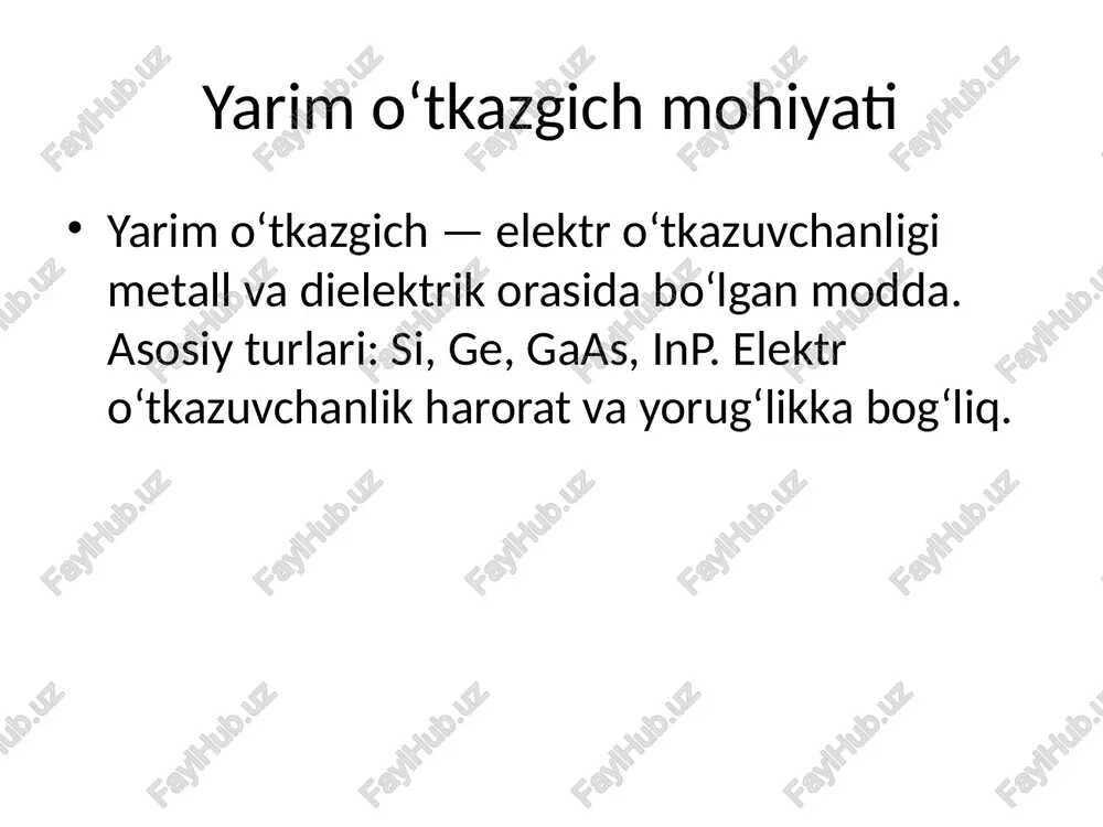 dorlikni oshiradi. tibbiyotdagi qo‘llanilishi fluoresensiya mikroskopiyada marker sifatida, diagnostika va dorilarni yetkazishda ishlatiladi. kvant kompyuterlarida roli kvant nuqtalar bitta kubit sifatida ishlatiladi. elektron spini ma’lumot holatini ifodalaydi. afzalliklari o‘lcham orqali nazorat, yaxshi optik barqarorlik, rang va nurlanishni sozlash imkoniyati. kamchiliklari ba’zi materiallar zaharli (cd, pb). ishlab chiqarish murakkab, barqarorlik past. tadqiqot yo‘nalishlari ekologik xavfsiz qd (inp, zns), qd–grafen hibridlari, kvant lazerlar, optogenetika. kelajak imkoniyatlari kvant aloqa, nano-displey, biosensorlar, energiya tejamkor optoelektron tizimlar. xulosa kvant nuqtali yarim o‘tkazgichlar — nanotexnologiyaning istiqbolli yo‘nalishi. ular elektronika, optika, energetika va tibbiyotda muhim ahamiyatga ega. /docprops/thumbnail.jpeg