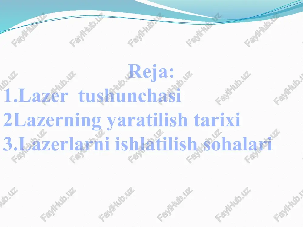 idan tashqari vaqt va chastotaning, ya’ni o’ta yuqori standartlarni yaratishga bagishlangan edi.bu ilmiy izlanishlar natijasida 1950- yillarning boshlarida bir –biridan mustaqil ravishta n.g basov,a,m prorov va ch.tauns toonlaridan majburiy nurlanish g’oyalaridan foydalanib, ammiak molekularida ishlovchi molekulyar kuchaytirgich va generator ya’ni maser yaratildi. maser- ”microwave amplification by stilmulated emission of radiation” – ingliz tilidagi so’zlardagi bosh harflardan tashkil topgan va mazmuni mikroto’lqinni majburiy hisobiga kuchaytirishdir .shu ishlari uchun ular 1964-yilli nobel mukofoti sovrindori bo’ldi. 1961-yilda birinchi gazli lazer yaratildi. organik bo’yoq eritmalari ishlatiladigan lazerlar (1966 y) yaratildi. 1974 yilga kelib faol moddalar (lazer materiallar) soni 200 ga etgan edi. har xil aralashmalar qo’shilgan ion kristallar eng katta lazer materiallari guruhini tashkil etadi. tibbiyot sohasida: jarrohlik: ko‘z lazer operatsiyalari (lasik), teri kesish, o‘simtalarni olib tashlash. dermatologiya: tatuajni olib tashlash, husnbuzar va dog‘larni davolash, terini yoshartirish. stomatologiya: tishlarni oqartirish, to‘qimalarni kesish va dezinfeksiya qilish. sanoat sohasida: kesish va payvandlash: metall, plastmassa va boshqa …