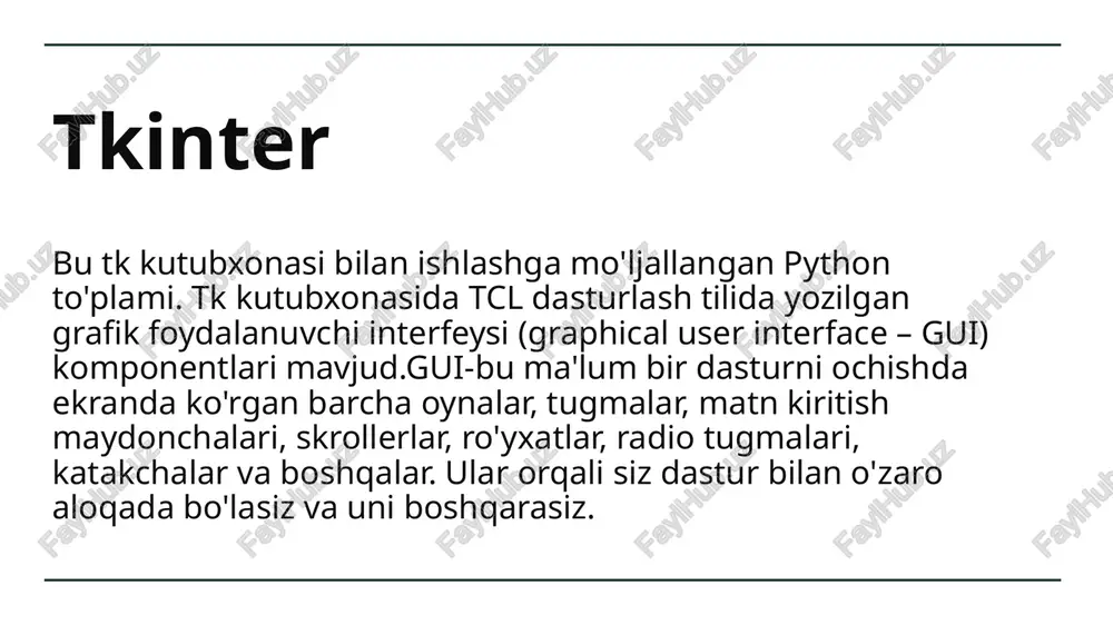 oshlash') tugma.pack() def yoz(): print('salom') tugma=button(w,text='boshlash', command=yoz) tugma.pack() image1.png image2.png image3.png image4.png image5.png image6.png image7.png image8.png image9.png image10.png /docprops/thumbnail.jpeg