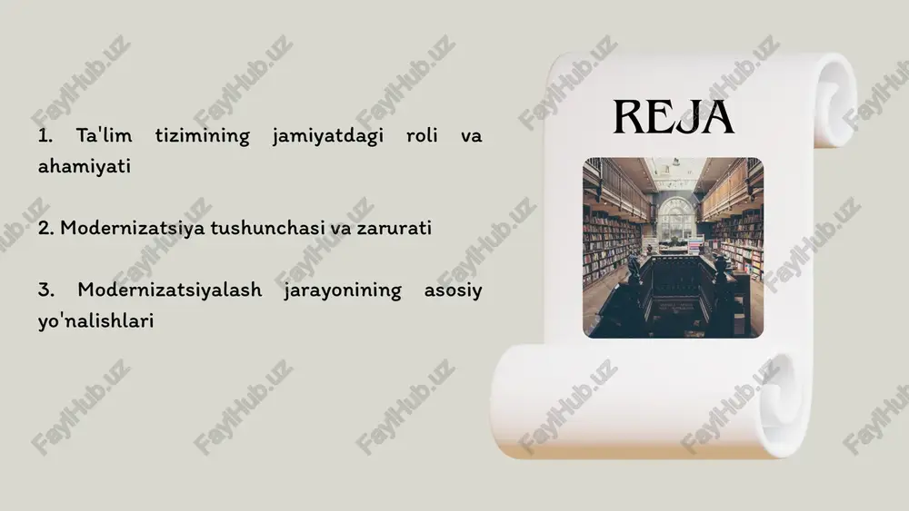 tni saqlash va rivojlantirish: ta'lim milliy madaniyat, urf-odat va qadriyatlarni avloddan-avlodga yetkazishda muhim vosita hisoblanadi. ijtimoiy adolat va tenglikni ta'minlash: sifatli ta'lim imkoniyatlari barcha qatlamlarga taqsimlanib, jamiyatda tenglikni ta'minlashga yordam beradi. shaxsning shaxsiy o‘sishi va farovonligi: ta'lim insonning shaxsiy dunyoqarashi, tanlov qobiliyati va hayot sifatini yaxshilashga xizmat qiladi. zamon talablariga moslashish: jamiyat va iqtisodiyot o‘zgarib boradi, yangi kasblar va fanlar paydo bo‘ladi. ta'lim tizimi ham bu o‘zgarishlarga tez moslashishi kerak. texnologik taraqqiyot: kompyuterlar, internet, sun'iy intellekt va boshqa texnologiyalar ta'lim jarayonini tubdan o‘zgartirmoqda. ularni qo‘llash ta'lim sifatini oshirish imkonini beradi. modernizatsiya tushunchasi va zarurati global raqobat: bugungi kunda yoshlar faqat milliy miqyosda emas, balki global bozor sharoitida raqobatga tayyor bo‘lishlari lozim. shu sababli ta'lim sifatini xalqaro standartlarga muvofiq yangilash zarur. samaradorlik va sifat: ta'lim tizimida ko‘p jihatlar eskirgan, samaradorlik past va resurslardan to‘g‘ri foydalanilmayapti. modernizatsiya bu muammolarni bartaraf etishga yordam beradi. ijtimoiy barqarorlik: sifatli ta'lim jamiyatda teng imkoniyatlar yaratib, ijtimoiy …