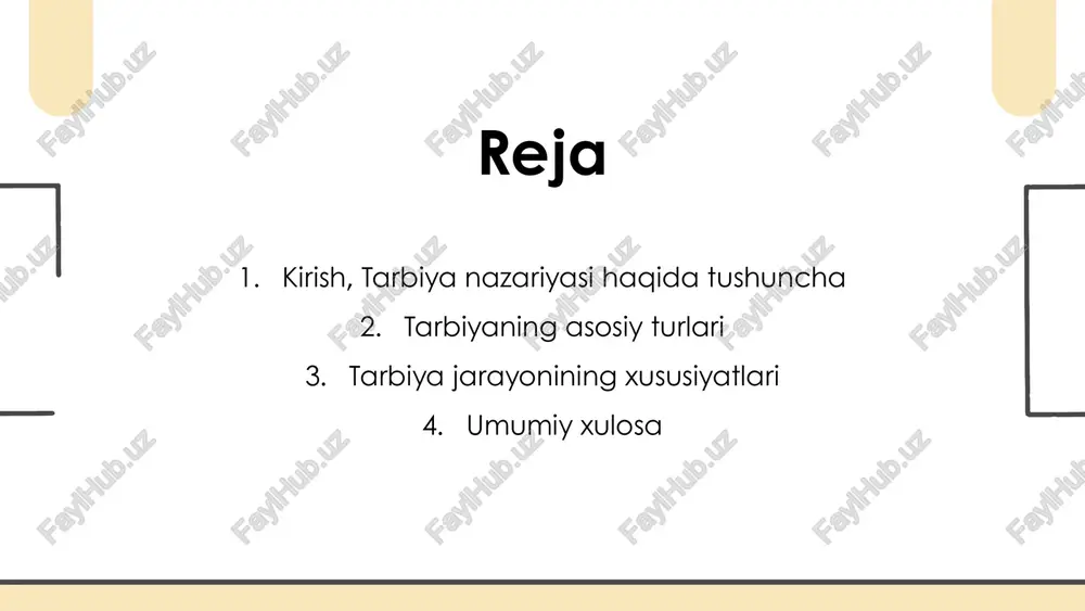 asi bilan ajralib turadi, lekin ularning barchasi insonning butunlay rivojlanishiga xizmat qiladi. tarbiya jarayoni uzluksiz, maqsadli, shaxsga yo‘naltirilgan, tizimli va ijtimoiy xarakterga ega bo‘lib, unda tarbiyalanuvchi faol ishtirok etadi. ma’naviy tarbiya – bu shaxsning axloqiy qadriyatlar, iymon-e’tiqod, estetik did va ruhiy-axloqiy me’yorlar asosida shakllanish jarayonidir. u insonning ichki dunyosini, xulq-atvorini, ongini va his-tuyg‘ularini tarbiyalashga qaratilgan. ma’naviy tarbiyaning vositalari: diniy ta’limotlar, adabiyot, badiiy san’at, namunali insonlarning ta’siri, oilaviy tarbiya va jamiyatning ijtimoiy muhitidir. ma’naviy tarbiya ma’naviy tarbiyaning asosiy jihatlari: axloqiy fazilatlarni shakllantirish (halollik, vatanparvarlik, mehr-oqibat, adolatparvarlik); qadriyatlarni anglash va ularga hurmat bilan munosabatda bo‘lish; iymon va e’tiqodni mustahkamlash, ma’naviy barkamollikka erishish; insonning jamiyatdagi o‘rni va mas’uliyatini anglash; ruhiy boylik va ichki uyg‘unlikni ta’minlash. intellektual tarbiya intellektual tarbiya – bu shaxsning bilim, tafakkur, fikrlash qobiliyati va dunyoqarashini rivojlantirishga yo‘naltirilgan tarbiya turi. uning maqsadi insonning aqliy salohiyatini oshirish, mustaqil fikrlash, tahlil qilish va ijodiy yondashuvlarni shakllantirishdir. intellektual tarbiyaning vositalari: ta’lim jarayoni, kitoblar, ilmiy …