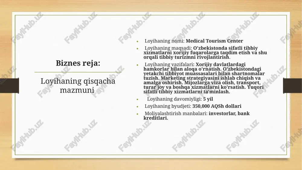ar narxlari bilan solishtirish, chegirmalar, to'lov usullari reklama va marketing: onlayn marketing (veb-sayt, ijtimoiy tarmoqlar). offlayn marketing (ko'rgazmalarda ishtirok etish, bukletlar, televideniye va radio reklamasi). hamkorlik (turistik agentliklar, xorijiy klinika va shifokorlar bilan hamkorlik). marketing strategiyasi xulosa ushbu marketing strategiyasi "medical tourism center" loyihasining muvaffaqiyatli amalga oshirilishi uchun zarur bo'lgan barcha jihatlarni qamrab oladi. mijozlarga yuqori sifatli xizmatlar taqdim etish, raqobatbardosh narxlarni belgilash va samarali marketing faoliyatini olib borish orqali brendni rivojlantirish va mijozlarni jalb qilish mumkin. har bir qadamda mijozlar ehtiyojlarini hisobga olish va ularni qondirish asosiy maqsad bo'lishi kerak. xodimlar ro’yxati va vazifalari menejerlar: har kuni operatsiyalarni muvofiqlashtirish. mijozlar bilan muloqot qilish va ularning ehtiyojlarini tushunish. tibbiyot muassasalari bilan shartnomalarni muvofiqlashtirish. tibbiyot maslahatchisi: mijozlarga tibbiy xizmatlar haqida ma'lumot berish. xorijiy klinikalar bilan aloqani o'rnatish. tibbiy xizmatlar sifatini nazorat qilish. tarjimon mijozlar bilan muloqotda til to'siqlarini bartaraf etish. tibbiy hujjatlarni tarjima qilish. mijozlar va shifokorlar o'rtasida aloqa o'rnatish. marketing …