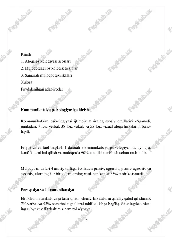 isa 25 marta kuzatilgan. noverbal kommunikatsiya psixologiyasi noverbal signallar, masalan, 7% so'zlar, 38% ovoz ohangi va 55% tana tili, hissiyotlarni ifodalashda muhim rol o'ynaydi va xabarlarning mazmuniga ta'sir ko'rsatadi. mukammal ko'z bilan aloqa, 60-70% vaqt davomida, ishonchni oshiradi, qiziqishni bildiradi va muloqotda shaxsiy aloqani kuchaytiradi, lekin haddan tashqari ko'z bilan aloqa bosim o'tkazishi mumkin. shaxsiy makonning buzilishi, 0 metrdan 1.2 metrgacha bo'lgan intim zonada, stressni keltirib chiqarishi mumkin, bu esa norozilik va muloqotdan bosh tortishga sabab bo'ladi. eshittirish psixologiyasi eshittirish psixologiyasi auditoriyaning 70% dan ortig'ining e'tiborini jalb qilish uchun 3 soniyali qisqa audiosignallardan foydalanish muhimligini ta'kidlaydi. xabarlarni eshittirishda 50% dan ko'proq hissiy ta'sir o'tkazish uchun ovoz tembri va ohangiga alohida e'tibor berish kerak, shuningdek, vizual elementlardan voz kechish kerak. eshittirish psixologiyasi shuni ko'rsatadiki, 10 daqiqadan ortiq davom etadigan intervyular, tinglovchilarning 30% dan ortig'ining e'tiborini yo'qotishi mumkin, ayniqsa, mavzu qiziqarli bo'lmasa. ishontirish psixologiyasi ishontirish psixologiyasi, kommunikatsiyaning muhim qismi, fikrni o'zgartirish uchun, …