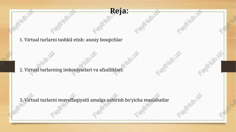 b etiladi, kamida 4k, shunda virtual tur detallari yaxshi ko'rinadi va foydalanuvchi tajribasi sifatli bo'ladi. interaktiv elementlar, masalan, qo'shimcha ma'lumot beruvchi matn, audio izohlar, rasmlar va video kliplar, virtual turga qiziqishni oshiradi va foydalanuvchini jalb qiladi. virtual turlarni reklama qilish va marketing virtual turlarni sotish uchun seo optimallashtirish, kalit so'zlarni (masalan, '3d tur') maqsadli sahifalarda va tavsiflarda ishlatish orqali 20% ko'proq organik trafik oqimini ta'minlaydi. ijtimoiy tarmoqlarda interaktiv 360° videolar va maxsus hashteglar (#virtualtur) bilan reklama qilish, brend xabardorligini 15% ga oshirishi mumkin, ayniqsa, instagram va facebookda. virtual turlarning muvaffaqiyatini o'lchash virtual turlarning muvaffaqiyatini o'lchash uchun, tur davomida o'rtacha sarflangan vaqtni (masalan, 5 daqiqa) va har bir nuqtada o'tkazilgan vaqtni kuzating. konversiya tezligini (masalan, 2% xarid) o'lchash orqali, virtual tur orqali qilingan xaridlar sonini va turdan keyin qilingan buyurtmalarni aniqlang. virtual turlarni tashkil etishda yuzaga keladigan qiyinchiliklar yuqori sifatli 360° kameralar va maxsus dasturiy ta'minotni xarid qilish va texnik xizmat …