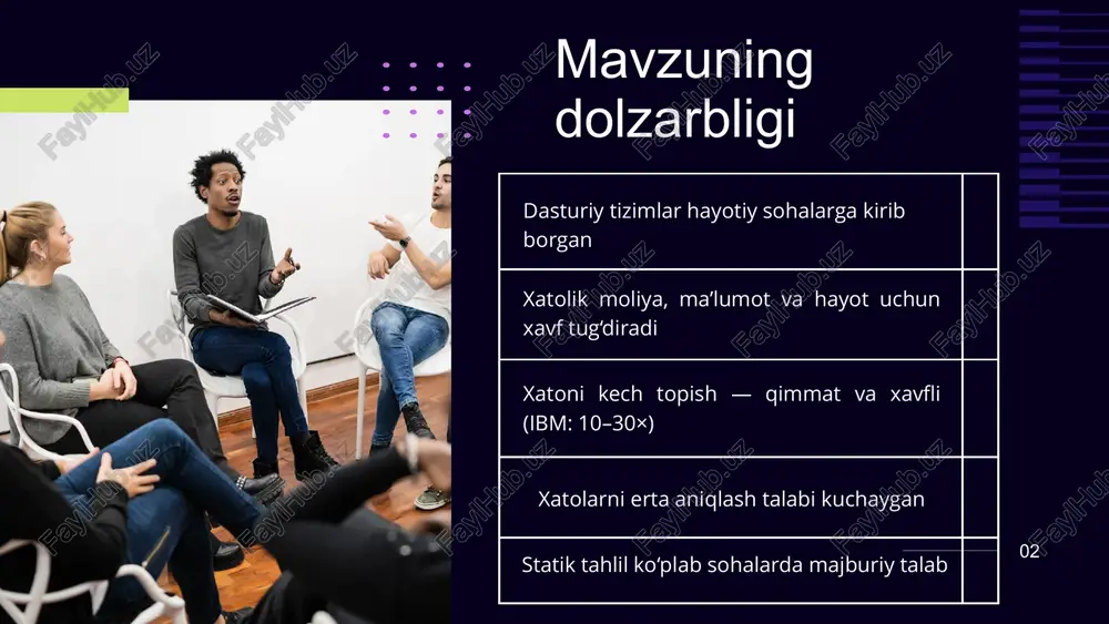 imkoniyati klocwork (korporativ sast vositasi) 08 c/c++, c#, java, python va boshqa tillarni tahlil qiladi cwe, owasp top-10, cert, pci-dss kabi xavfsizlik standartlari asosida tekshiradi katta kod bazalari uchun inkremental (o‘zgargan joyni alohida) tahlil mexanizmiga ega ci/cd, git, jenkins, azure devops bilan to‘liq integratsiya qilinadi aniqlangan xatolarni xavf darajasi bo‘yicha ustuvorlashtiradi audit uchun rasmiy security-report generatsiya qiladi prefast / sal (microsoft statik tahlil muhiti) visual studio ichiga o‘rnatilgan c/c++ statik tahlil vositasi sal (source annotation language) orqali funksiya kontrakti aniqlanadi buffer overflow, null-pointer, parametrlar noto‘g‘ri uzatilishini erta topadi windows drayverlari, iot va xavfsizlikka bog‘liq “low-level” loyihalarda qo‘llanadi 09 xatolikni qayta tiklab bo‘lmaydigan tizimlarda profilaktika rolini bajaradi 1. 2. 3. 4. 5 . spotbugs / findbugs java loyihalari uchun eng ko‘p qo‘llaniladigan bepul analizator koddagi mantiqiy xatolarni “pattern” asosida aniqlaydi eclipse / intellij / maven / gradle bilan integratsiya qilinadi null-pointer, resource leak, concurrency xatolarini erta ko‘rsatadi korporativ va akademik loyihalarda …