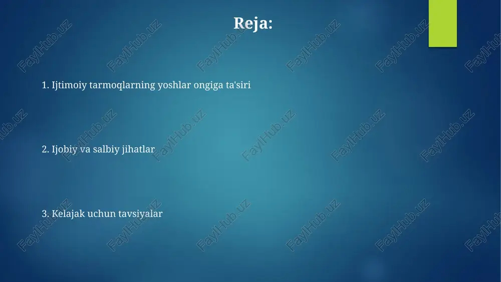 tengdoshlari bilan solishtirishini ta'kidlaydi, bu esa o'ziga bo'lgan bahoni shakllantiradi. yoshlar o'zligini shakllantirish jarayonida instagram kabi platformalarda idealizatsiya qilingan tasvirlarni ko'rib, o'zlarini kam baholashga olib kelishi mumkin. kiberbulling va onlayn tajovuz kiberbulling, ayniqsa 13-17 yoshdagi o'smirlar orasida keng tarqalgan bo'lib, ularning 37%i onlayn tahqirlash qurboni bo'lishgan, bu esa ruhiy tushkunlikka olib keladi. onlayn tajovuzning bir turi - doxxing, shaxsiy ma'lumotlarni (manzil, telefon raqami) ruxsatsiz e'lon qilish, bu jiddiy xavfsizlik va shaxsiy daxlsizlik muammolarini keltirib chiqaradi. ijtimoiy tarmoqlardan oqilona foydalanish strategiyalari va xulosalar vaqtni cheklash: ijtimoiy tarmoqlarga kuniga 30-60 daqiqa ajratish, vaqtni boshqarish ilovalari orqali, foydaliroq mashg‘ulotlarga e’tibor qaratishga yordam beradi. tanqidiy fikrlashni rivojlantirish: faktlarni baholash, manbalarni tekshirish va yolg‘on xabarlarni aniqlash uchun 5w1h (kim, nima, qachon, qayerda, nega, qanday) usulidan foydalanish muhim. e'tiboringiz uchun rahmat image7.jpg image8.jpg image9.jpg image10.jpg image11.jpg image12.jpg image13.jpg image1.png image2.png image3.png image4.png