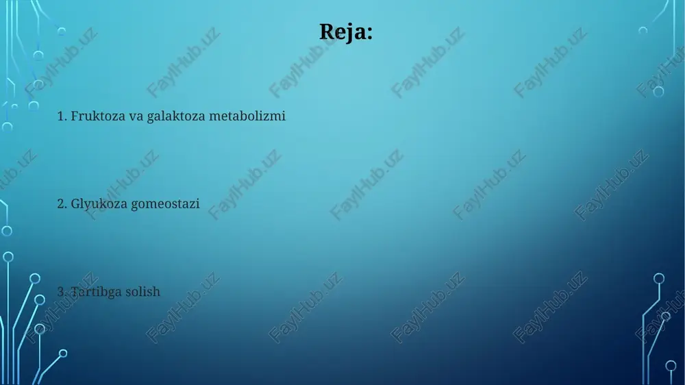 ishi galaktoza parchalanishi leloir yo'li orqali amalga oshiriladi, unda galaktokinaza galaktozani galaktoza-1-fosfatga aylantiradi, bu keyinchalik udp-glyukoza bilan reaksiyaga kirishadi. galaktoza-1-fosfat uridiltransferaza (galt) galaktoza-1-fosfatni udp-glyukoza bilan reaksiyaga kirishib, udp-galaktoza va glyukoza-1-fosfat hosil qiladi, bu muhim bosqich. galaktozemiya galaktozemiyaning klassik shakli galaktoza-1-fosfat uridiltransferaza (galt) fermentining yetishmovchiligi tufayli yuzaga keladi, bu esa qonda galaktoza-1-fosfatning to'planishiga olib keladi. galaktozemiyaning duarte varianti galt fermenti faolligining taxminan 25% ni tashkil qiladi, bu esa klassik galaktozemiyaga qaraganda kamroq jiddiy klinik ko'rinishga olib keladi. glyukoza homeostazi: asosiy tushunchalar glukoza gomeostazi qonda glyukoza darajasining 70-110 mg/dl oralig'ida doimiy saqlanishi, energiya bilan ta'minlash va hujayra funktsiyalari uchun muhimdir. insulin va glyukagon asosiy gormonlar bo'lib, insulin glyukozani hujayralarga o'tkazish orqali qondagi glyukoza miqdorini kamaytirsa, glyukagon esa uni oshiradi. insulinning roli insulin qonda glyukoza miqdorini pasaytiradi, jigar, mushaklar va yog' to'qimalariga glyukozaning kirishini rag'batlantirib, glyukogen sintezini oshiradi, shu orqali 80-120 mg/dl darajada ushlab turadi. insulin aminokislotalar tashilishini va oqsillar sintezini kuchaytiradi, yog' …