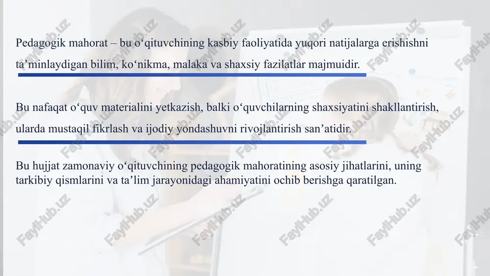 ishlashi kerak. o'z-o'zini aks ettirish - bu qo'llaniladigan usullar va yondashuvlarning samaradorligini baholash, nima ishlayotganini va nima o'zgartirish yoki rad etishni talab qilishini tushunish usuli. maktabda kasbiy faoliyatni yanada rivojlantirish uchun bilim yoki ko'nikmalardagi bo'shliqlarni bilish zarur. o'zining kuchli va zaif tomonlarini tanqidiy tahlil qilish talabalar bilan o'zaro munosabatlarga va o'quv jarayonining sifatiga bevosita ta'sir qiladi. 6 o'qitishning standart yondashuvlari o'tmishda qolmoqda. bugungi kunda qiziqarli dars formatlarini professional tarzda yaratish va o'yin va raqamli texnologiyalar yordamida talabalarni jalb qilish uchun ijodiy fikrlash muhim ahamiyatga ega. innovatsion o‘qituvchi zamon bilan hamnafas bo‘lib, o‘quv jarayoniga yangiliklar kiritadi, zerikkan va passiv bolalarda ham bilim faolligini rag‘batlantiradigan ijodiy muhit yaratadi. 4.ijodkorlik va jalb qilish qobiliyati 7 5.xushmuomalalik va do'stona munosabat o'qituvchilar doimo qiyin vaziyatlarga duch kelishlari va axloqiy ziddiyatlarni hal qilishlari kerak. ularning faoliyatida qo'pollik, zo'ravonlik, kamsitish va haqoratga mutlaqo yo'l qo'yib bo'lmaydi. kasbiy etika, xushmuomalalik, sezgirlik va bag'rikenglikni saqlash talabalar va ota-onalarning ishonchini …