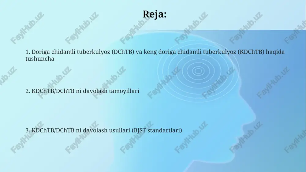 arali preparatni kombinatsiya qilish zarur, bu dorilarning bir vaqtda qoʻllanilishi 6-10 oy davomida davolashning asosiy tamoyillaridan biridir. ab preparatlar ta’sirini va qo’llashga ko'rsatma hamda qarshi ko'rsatmalarni aniqlash. barcha bemorlar ab preparatlar ta'siriga sezgir boʻlishi talab qilinadi. mdt va xdt-tb ta'rifi koʻp dori vositalariga chidamli tb (kdch-tb) – bu kamida izoniazid va rifampitsinga chidamli *mycobacterium tuberculosis* shtammlari chaqirgan tuberkulyoz kasalligi hisoblanadi. keng ko'lamli dori vositalariga chidamli tuberkulyoz (kkdch-tb) – tuberkulyozga qarshi dori vositalarining koʻpchiligi, jumladan ftorxinolonlarga chidamli tbdir. kkdch-tb, shuningdek ikkinchi qator in’eksion preparatlardan (masalan, amikatsin yoki kapreomitsin) bittasiga kamida chidamli boʻlishi bakteriologik tarzda tasdiqlanadi. dori vositalariga chidamli tuberkulyoz kkdch-tb keng ko'lamli dori vositalariga chidamli tuberkulyoz bo'lib, kamida izoniazid, rifampitsin, ftorxinolon va 2-qator in’eksion preparatga chidamli tmb chaqiradi. kdch-tb koʻp dori vositalariga chidamli tuberkulyoz boʻlib, bunda kamida izoniazid va rifampitsinga chidamli tmb shtammlari mavjud. bu holat tuberkulyozni davolashda qiyinchiliklarni keltirib chiqaradi. monorezistentlik – bitta tuberkulyozga qarshi preparatga chidamlilikdir. polirezistent tuberkulyoz esa …