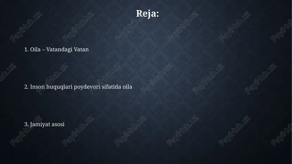 g asosiy bo'g'ini sifatida himoyalangan. ona va bolalik davlat muhofazasidadir, qonun bilan mustahkamlangan. oila oldidagi zamonaviy tahdidlar globalizatsiya ta'siri oilaviy qadriyatlarni yemiradi, ayniqsa internet orqali tarqaladigan 18+ kontent va radikal g'oyalar yosh avlod ongiga salbiy ta'sir ko'rsatmoqda. migratsiya tufayli oilalarning ajralishi, masalan, 30% gacha oila a'zolarining chet elga ishlashga ketishi, bolalar tarbiyasida jiddiy muammolarni keltirib chiqarmoqda. mustahkam oila – farovon jamiyat “mustahkam oila – farovon jamiyat” konsepsiyasi 2023-yilda oʻzbekistonda yangi bosqichga koʻtarildi, oilaviy qadriyatlarni mustahkamlashga qaratilgan 10 dan ortiq dasturlar amalga oshirilmoqda. 2024-yilga kelib, “mustahkam oila – farovon jamiyat” doirasida 500 dan ortiq oilalarga psixologik va huquqiy yordam koʻrsatildi, ularning turmush darajasini yaxshilashga erishildi. e'tiboringiz uchun rahmat image3.jpg image4.jpg image5.jpg image6.jpg image7.jpg image8.jpg image9.jpg