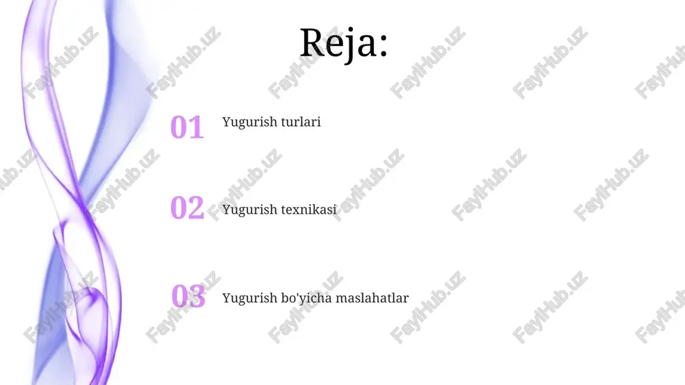 dan yuqori tezlikda to'siqlardan o'tish va keyingi to'siqqa tayyorgarlik ko'rish uchun muayyan qadam ritmini saqlashni talab qiladi. toʻsiqlar osha yugurishda 100 metrdan (ayollar) va 110 metrdan (erkaklar) iborat masofalar mavjud boʻlib, ularda mos ravishda 10 ta toʻsiq oʻrnatilgan, ularning balandligi qat'iy belgilangan. estafeta estafeta yugurishda, har bir yuguruvchi ma'lum masofani bosib o'tib, tayoqchani (estafeta tayoqchasi) keyingi jamoa a'zosiga topshiradi; odatda 4x100 metr va 4x400 metr kabi turlari bor. estafeta musobaqalarida, jamoalar odatda to'rtta yuguruvchidan iborat bo'lib, har bir yuguruvchi o'z masofasini maksimal tezlikda yugurib o'tishga harakat qiladi, tayoqchani uzatish zonasi qoidalariga rioya qilgan holda. yugurish texnikasi: tana holati optimal yugurish texnikasida tananing holati tik bo'lishi kerak, lekin qattiq emas. taxminan 5-10 gradus oldinga ozgina egilish optimal energiya sarfini ta'minlaydi. boshning holati tabiiy bo'lishi, ko'zlar oldinga qaratilgan bo'lishi lozim. pastga qarash bo'yin mushaklariga keraksiz zo'riqish yuklaydi va nafas olishni qiyinlashtiradi. yugurish texnikasi: qoʻl harakati tezlikni oshirish uchun qo'llarning tezligi oshiriladi: 180 …